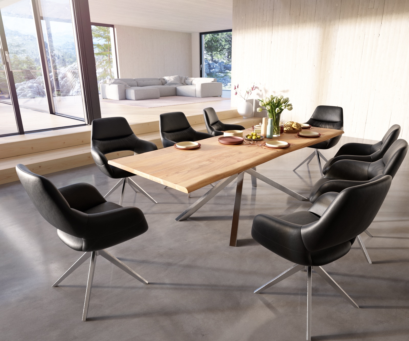 Table à manger Edge 260x100 Acacia Naturel Cadre croisé rectangle Acier inoxydable Live-Edge 5 Table à manger Edge 260x100 Acacia Naturel Cadre croisé rectangle Acier inoxydable Live-Edge 5