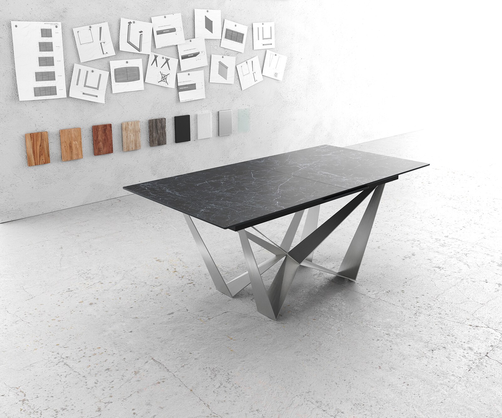 Table-à-manger Edge 180-220x90cm Laminam® céramique gris pieds milieu acier plat argent 1