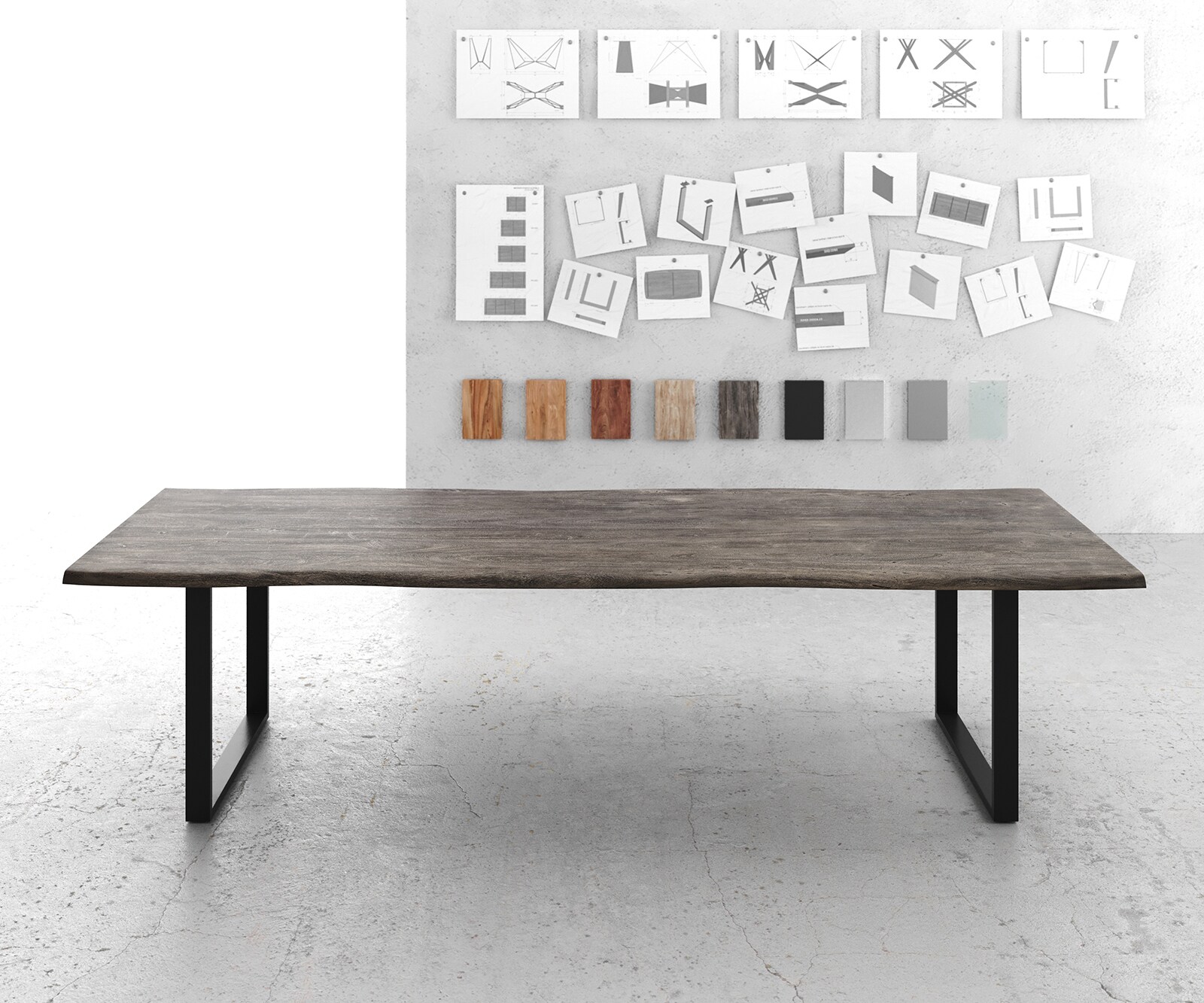 Table à manger Edge 300x100 XL acacia platine cadre traîneau noir Live-Edge 2