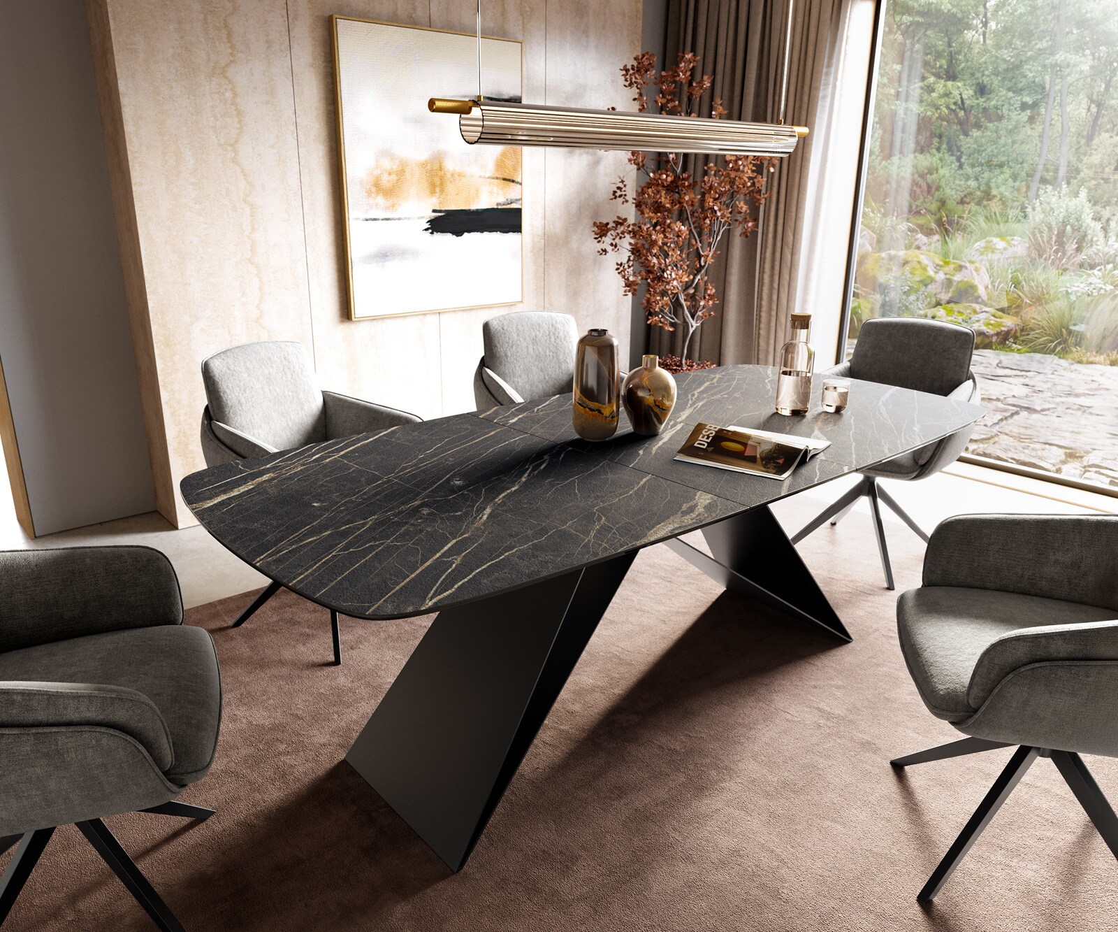 Esstisch Edge Boot 180-220x100 cm Laminam® Keramik Noir Desir Braun V-Gestell Flachstahl Schwarz ausziehbar
