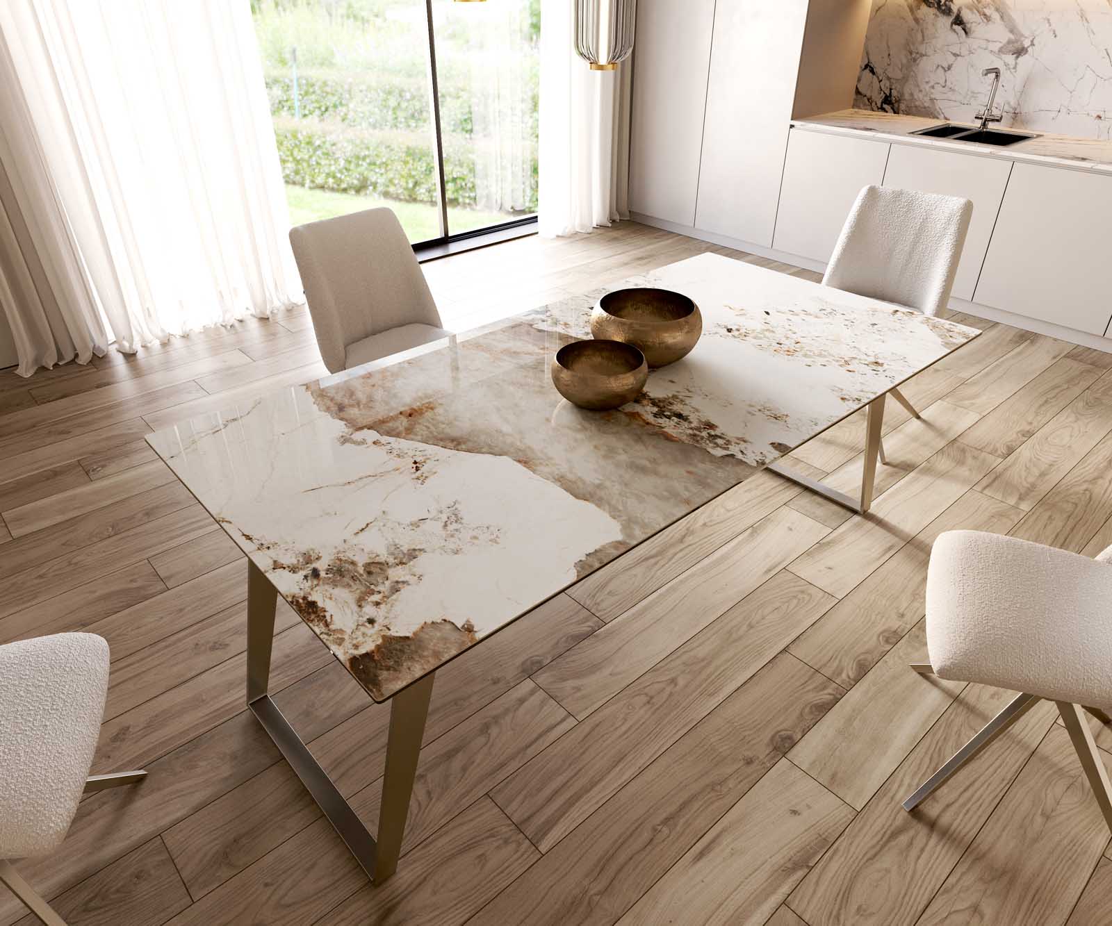 Table à manger Edge 200x100 céramique Minas mélange blanc-beige acier inoxydable incliné 5