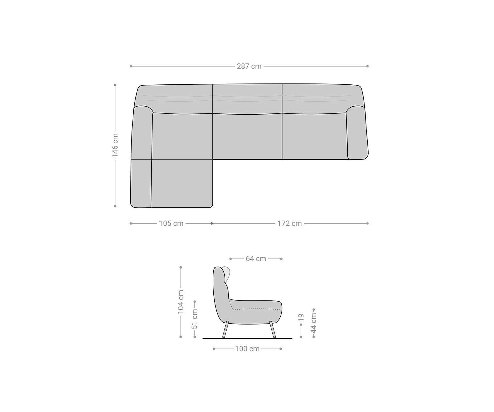 Ecksofa Shape High 305x160 Steingrau Longchair links by ES brand 6