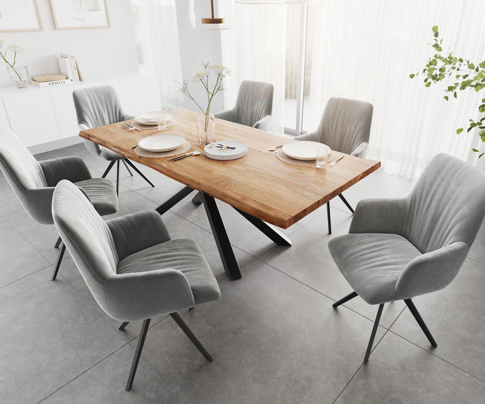 Esstisch Edge 200x100 Akazie Natur Kreuzgestell Rechteck Schwarz Live-Edge 5