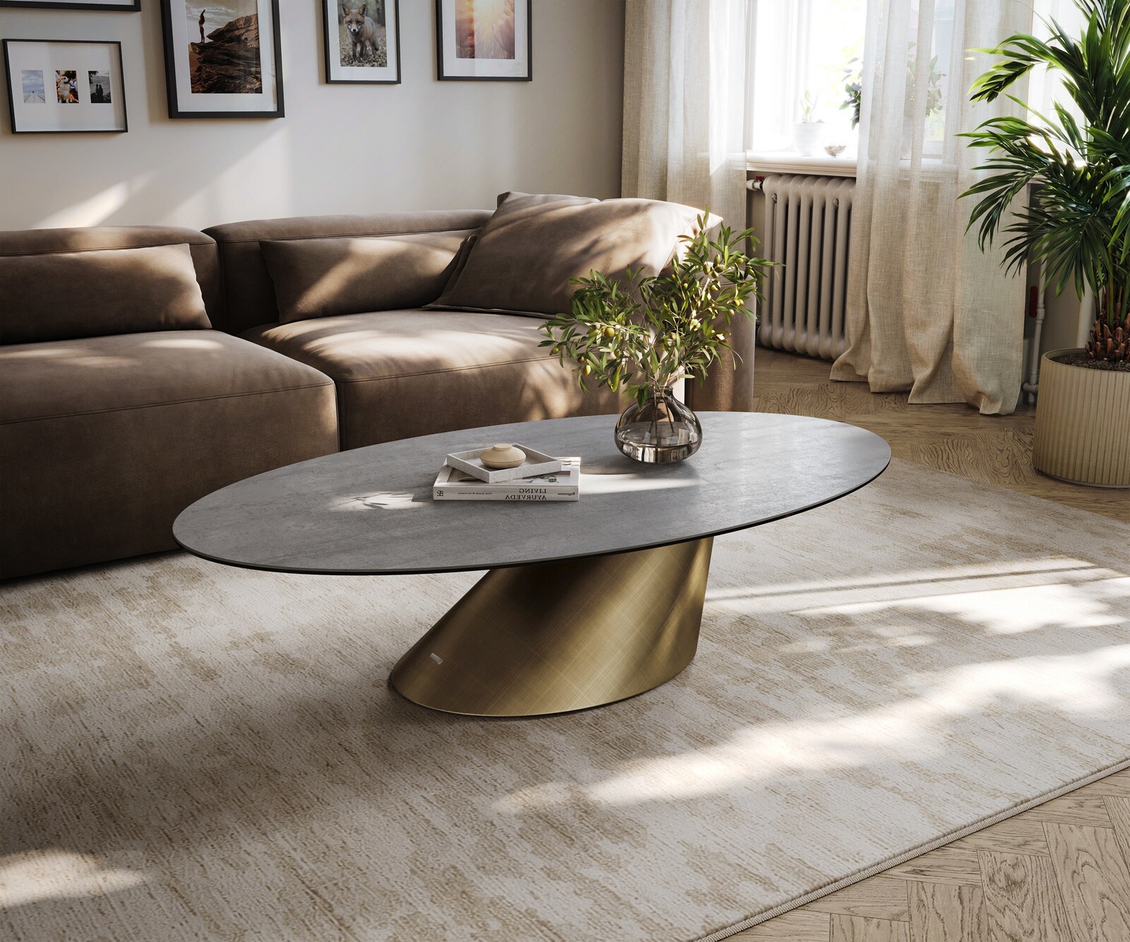 Table basse Edge ovale 140x80 cm céramique béton gris Conis métallique or