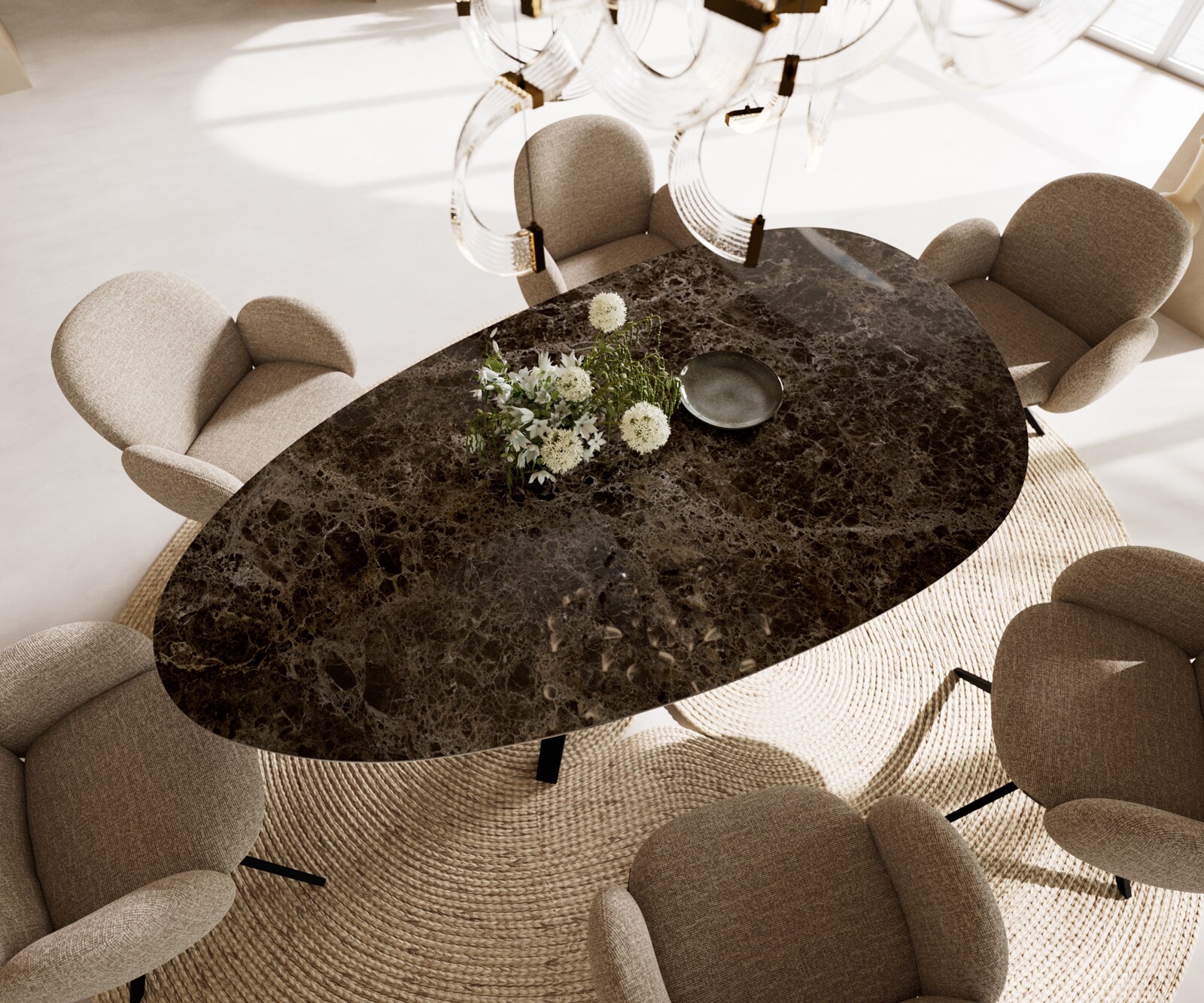 Table de salle à manger Edge Ovale Céramique Emperador Extra Lucidato Brun foncé 220x120 Zenthara angulaire Métal Noir 1