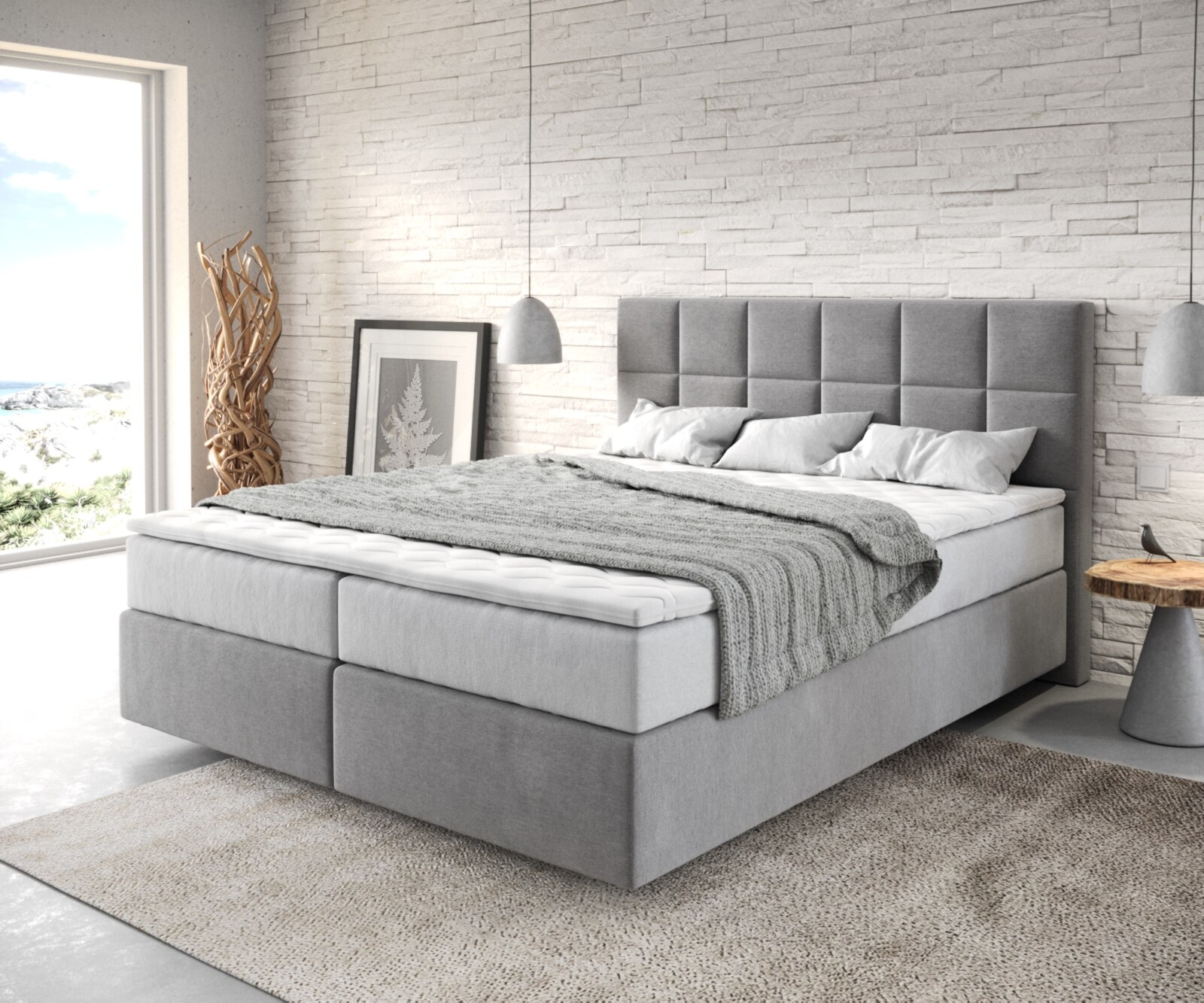 Boxspringbett Dream-Fine 160x200 cm Mikrofaser Grau mit TFK Matratze und Visco Topper 1