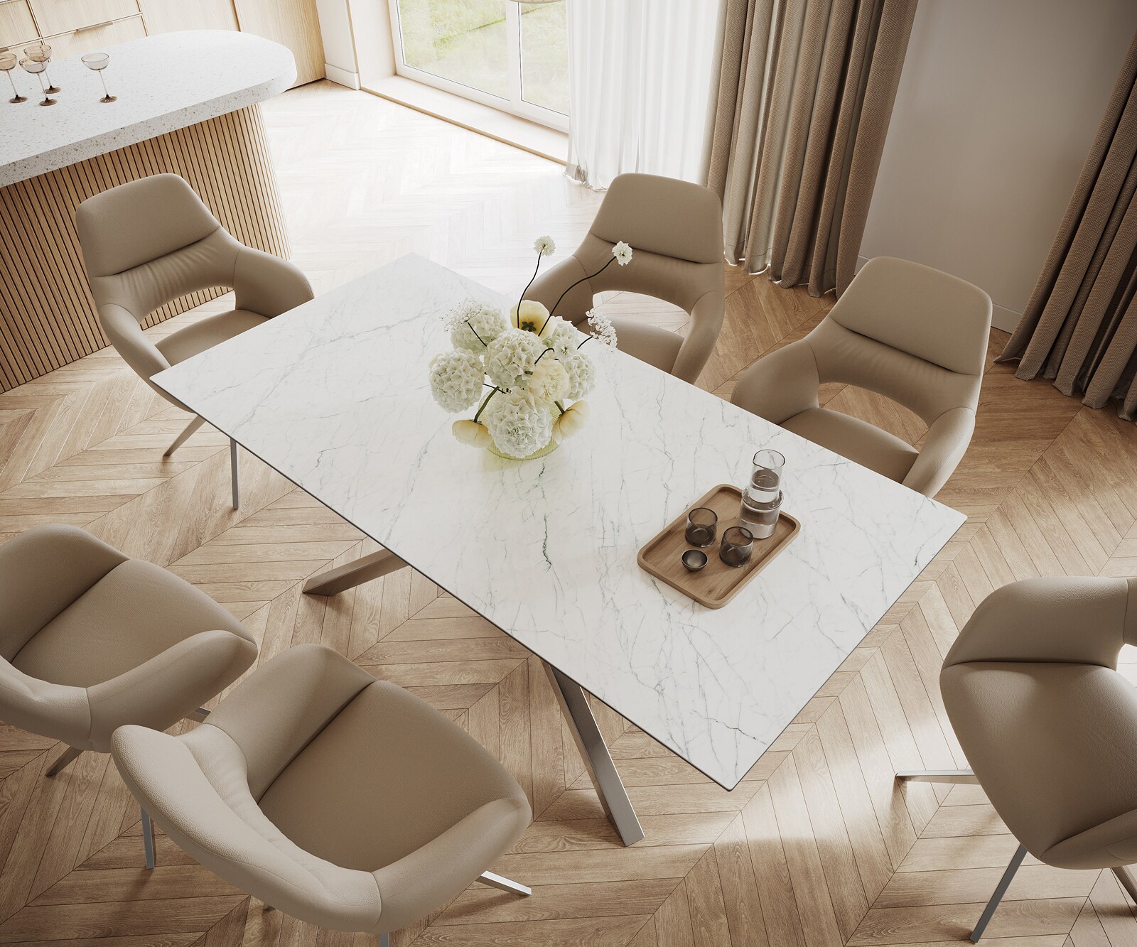 Esstisch Edge 200x100cm Keramik Laminam®Statuarietto Weiß Kreuzgestell Rechteck Edelstahl 3