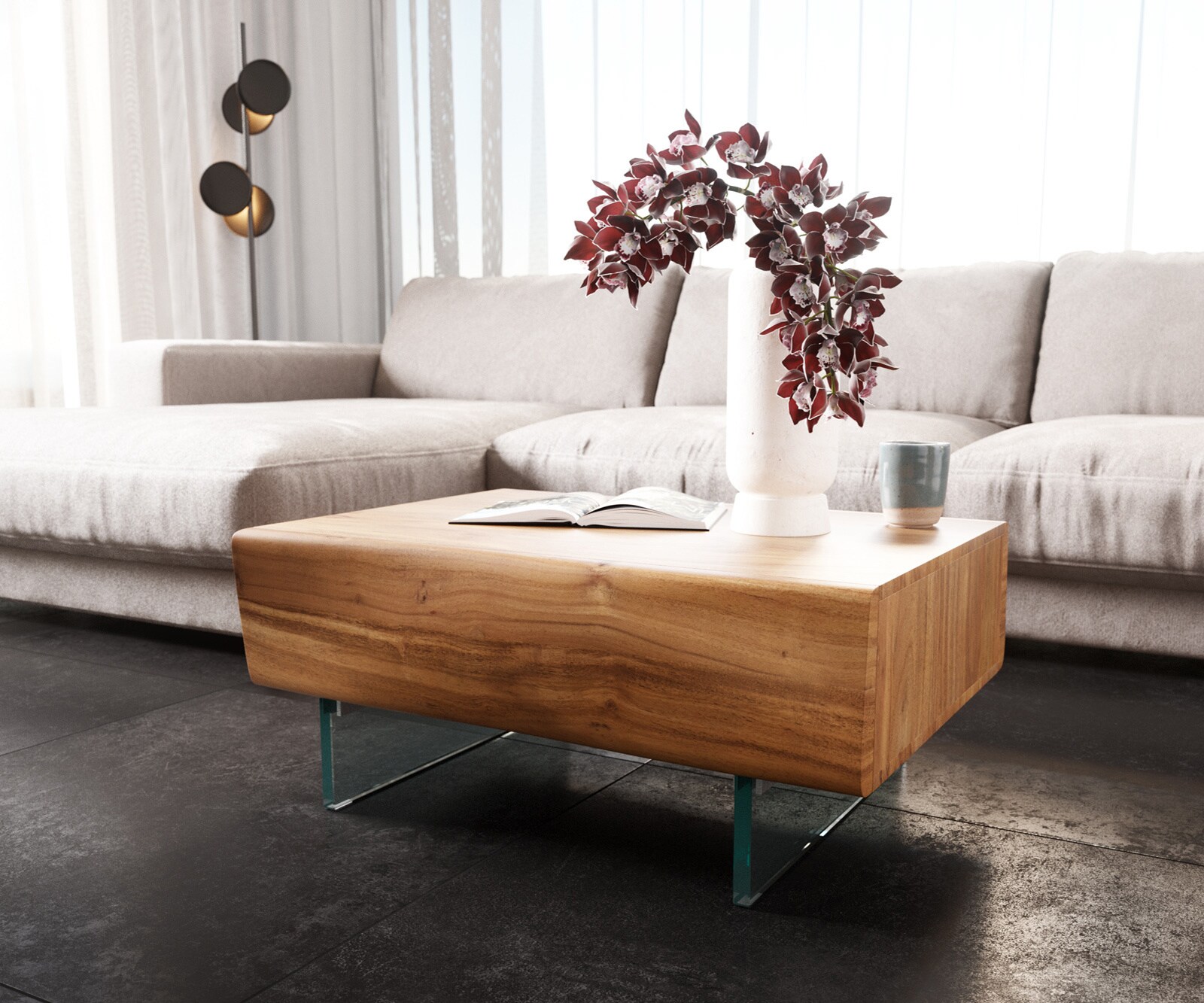 Couchtisch New Live-Edge 80x60 cm Akazie Natur 2 Schubladen Glasfuß schwebend 4