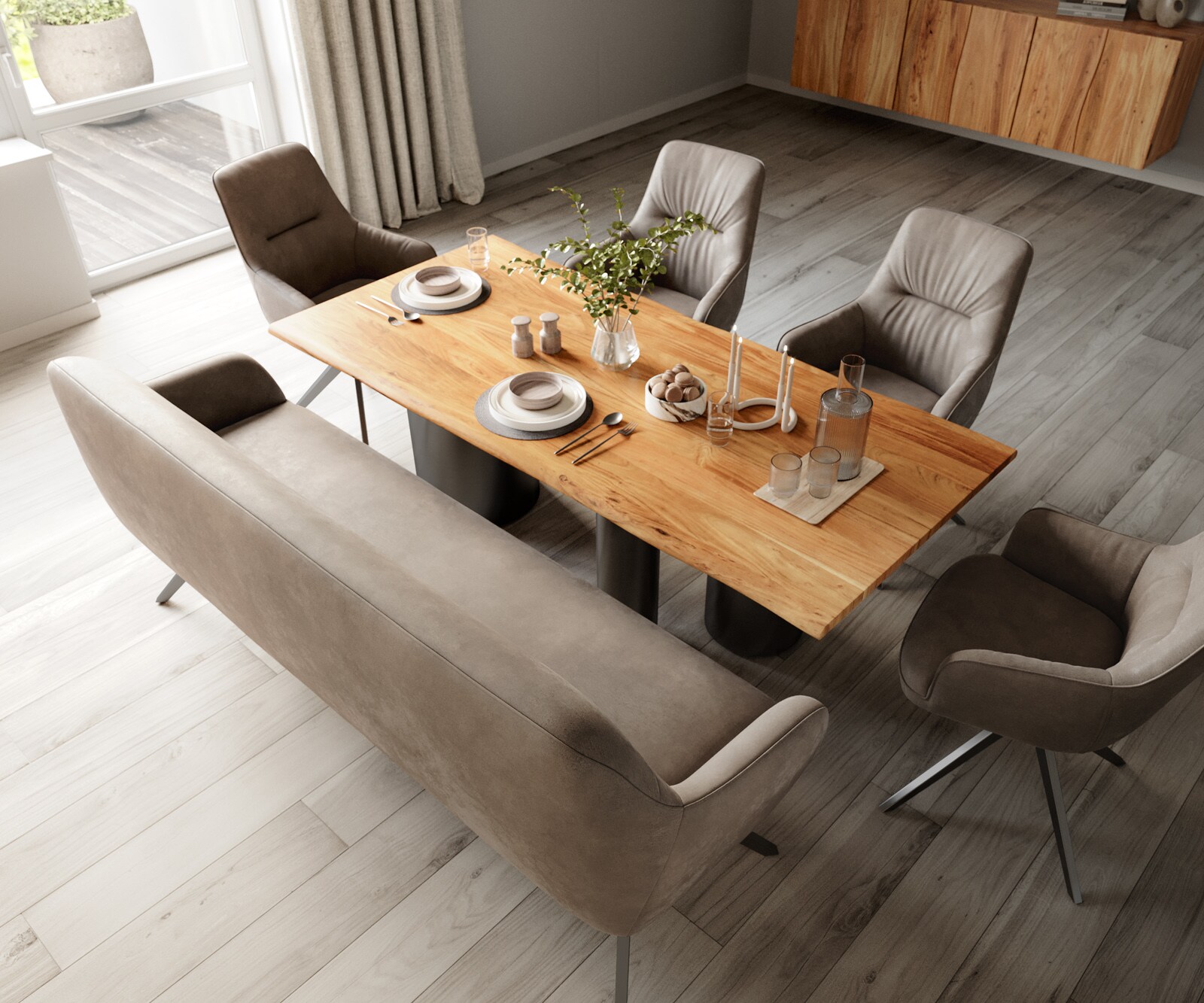 Banc-de-salle-à-manger Taya-Flex 200 cm microfibre taupe vintage pied croisé angulaire grafiete ressort ensaché 3