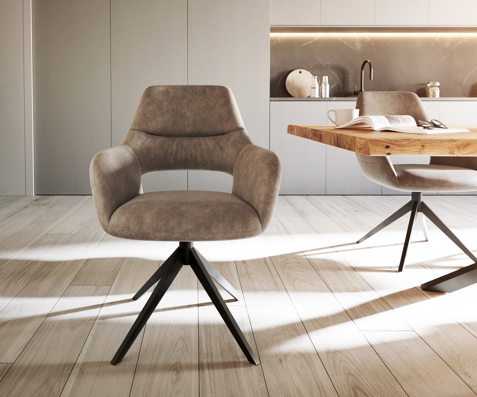 Esszimmerstuhl Yago-Flex mit Armlehnen Mikrofaser Taupe Vintage Kreuzgestell breit Schwarz Taschenfederkern 2 Esszimmerstuhl Yago-Flex mit Armlehnen Mikrofaser Taupe Vintage Kreuzgestell breit Schwarz Taschenfederkern 2