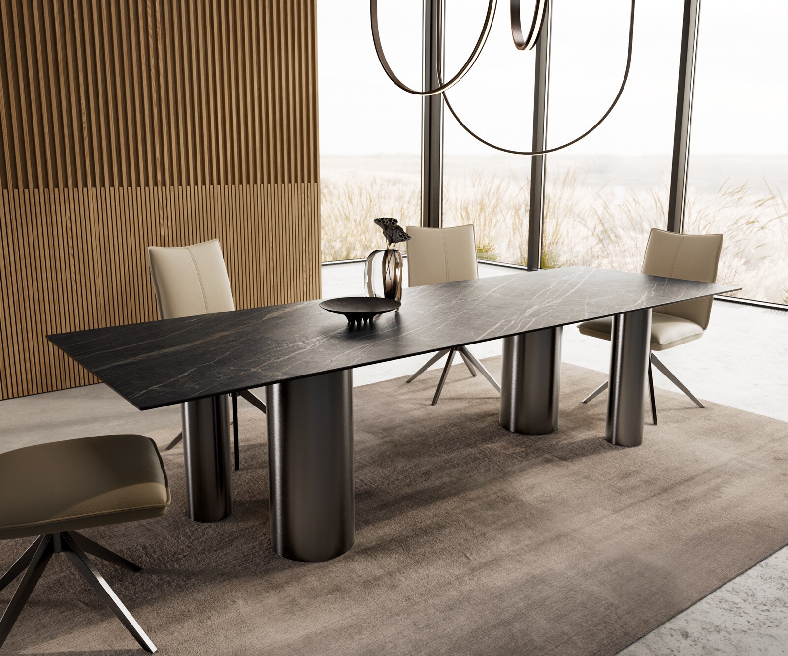 Esstisch Edge 300x100 Keramik Laminam®Noir Desir Braun Pilier Edelstahl Graphit 1