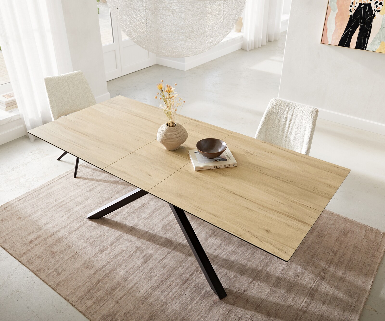 Table à manger Edge 180-220x100 céramique Laminam® Sabbia couleur chêne cadre croisé rectangulaire noir extensible 4