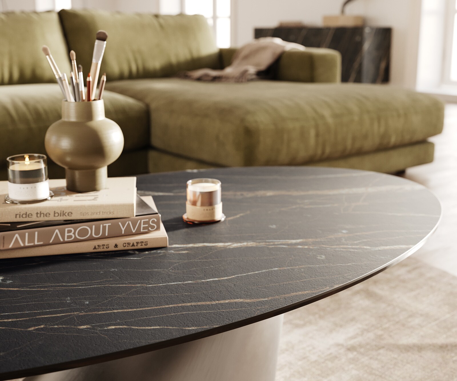 Table basse Edge Oval 140x80 cm céramique Laminam® Noir Desir brun Conis acier inoxydable brossé 6