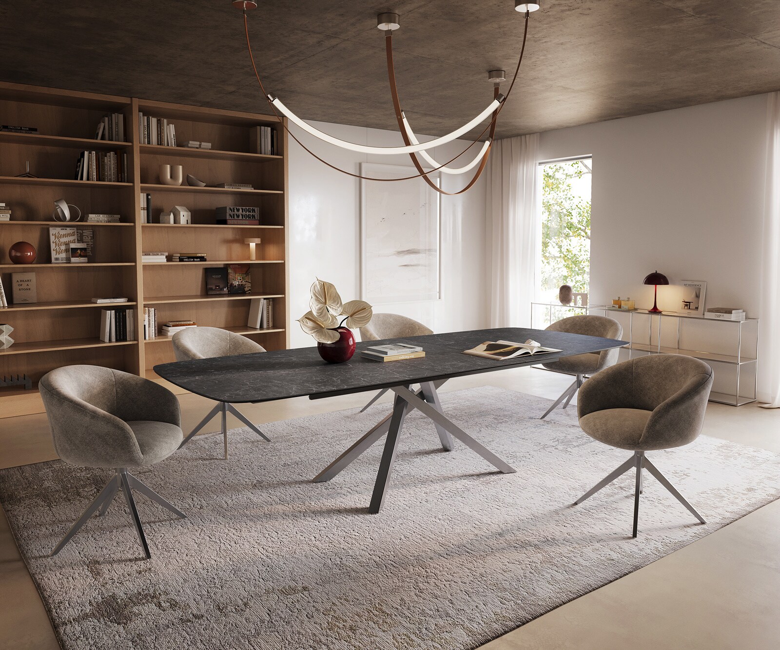 Esstisch Edge Boot 240-300x120 cm Keramik Laminam® Nero Greco Anthrazit Kreuzgestell Rechteck Edelstahl ausziehbar 6