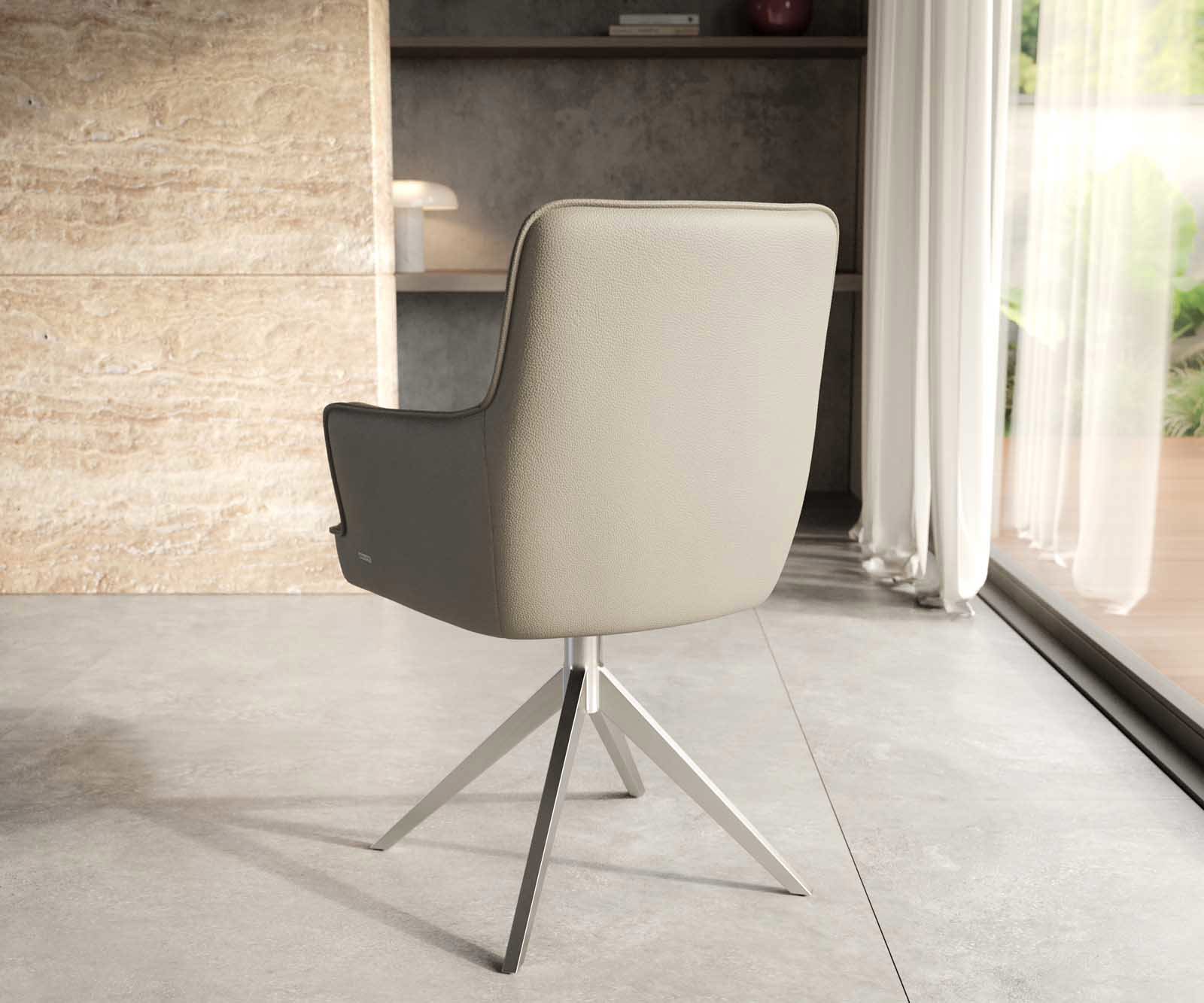 Chaise-pivotante Heira-Flex avec accoudoirs cuir de vache couleur boue pied croisé large acier inoxydable brossé pivotement sur 360° ressorts ensachés 3
