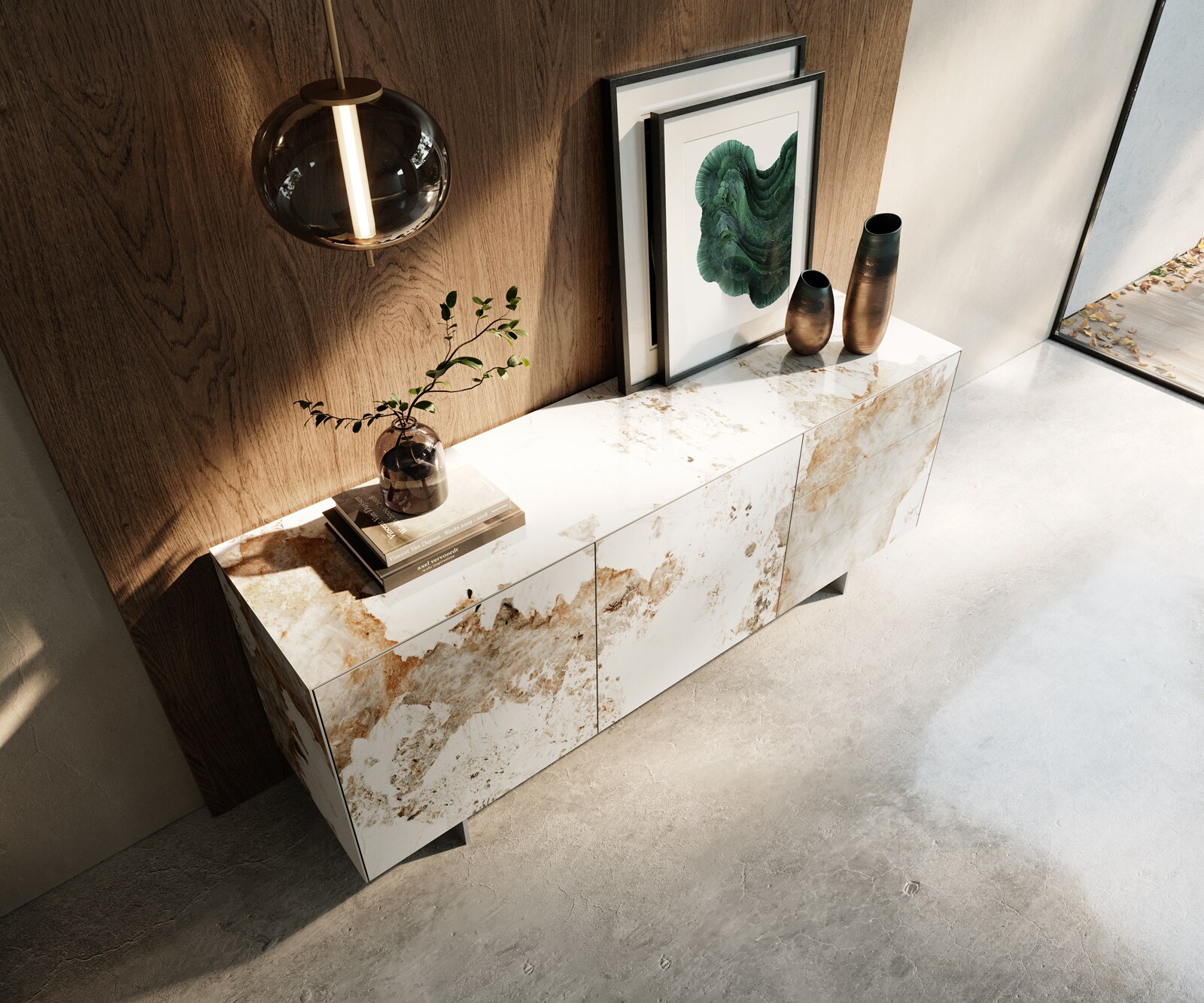 Sideboard Cuor 180 cm Keramik Minas Melange Weiß-Beige 2 Türen 3 Schubfächer Fuß Schwebeoptik Edelstahl 3