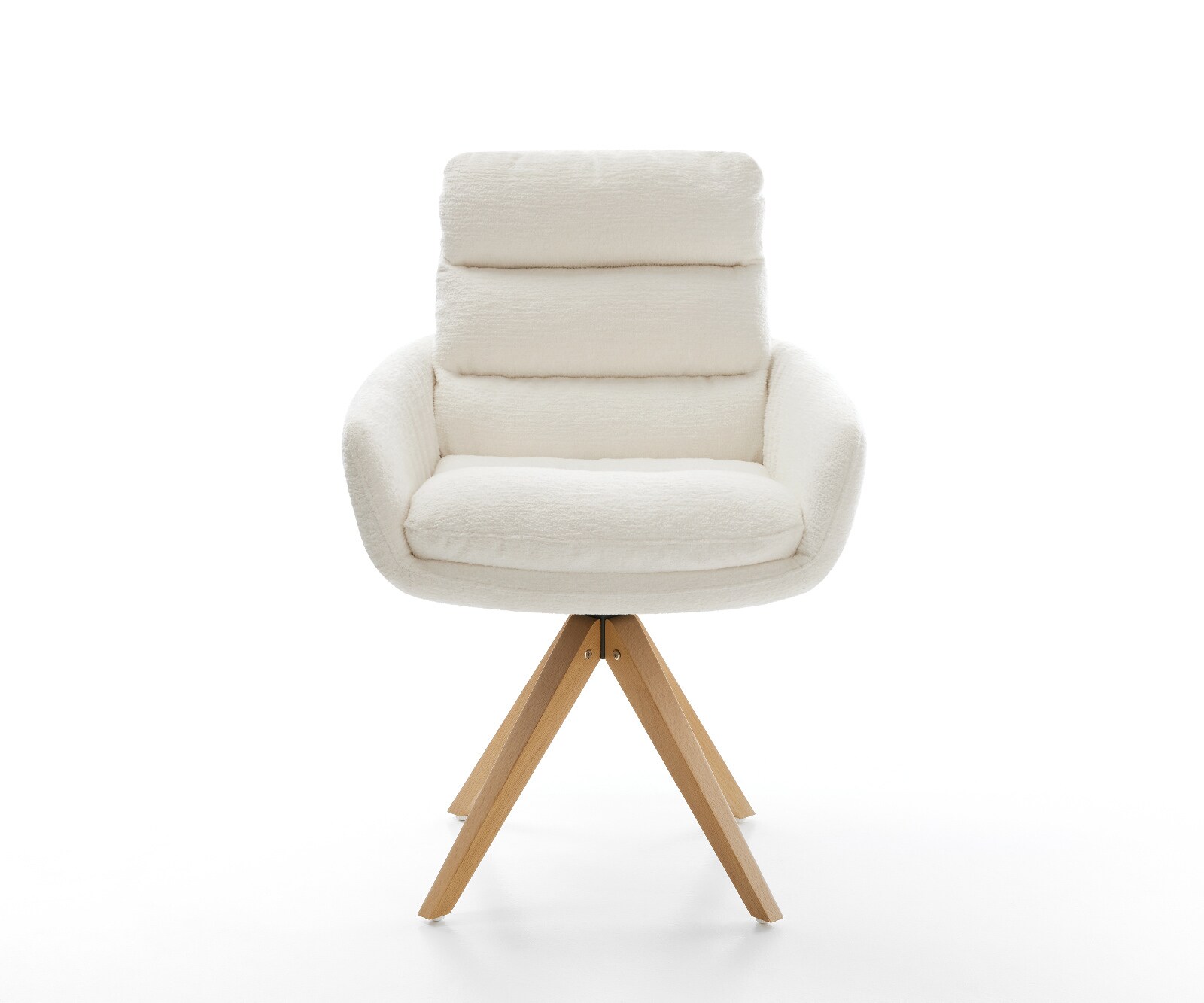 Chaise-pivotante Abelia-Flex avec accoudoirs bouclé doux beige pied en bois angulaire naturel pivotement sur 180° 1