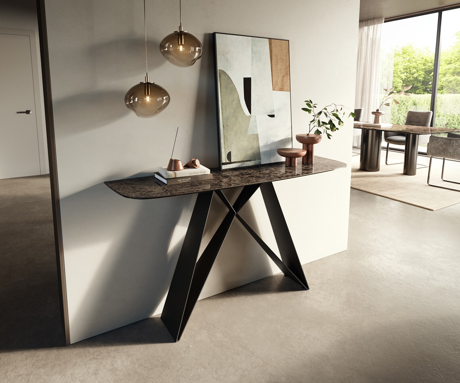 Console Edge forme bateau 140x40 cm Céramique Emperador Extra Lucidato Dunkelbraun Velio Métal Noir 4