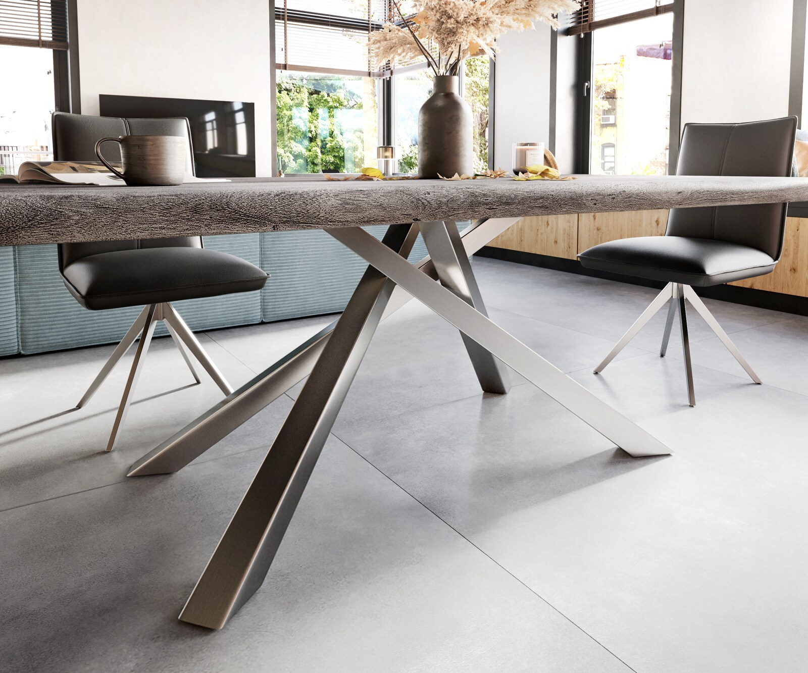 Table Edge 200x100 XL acacia platine cadre croisé rectangle inox Live-Edge 4