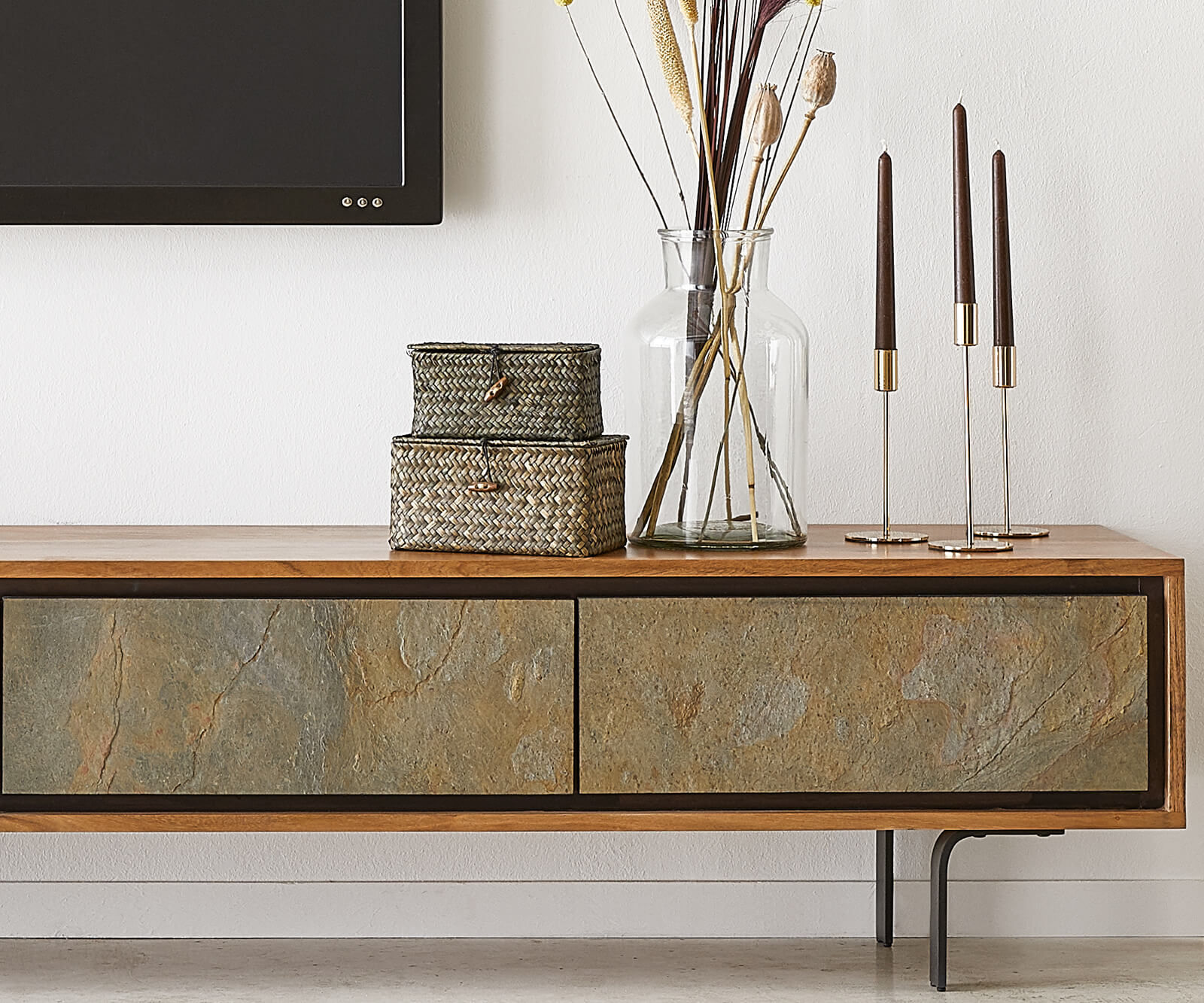 Meuble-TV Juwelo 200 cm acacia naturel avec placage de pierre 4 portes 4