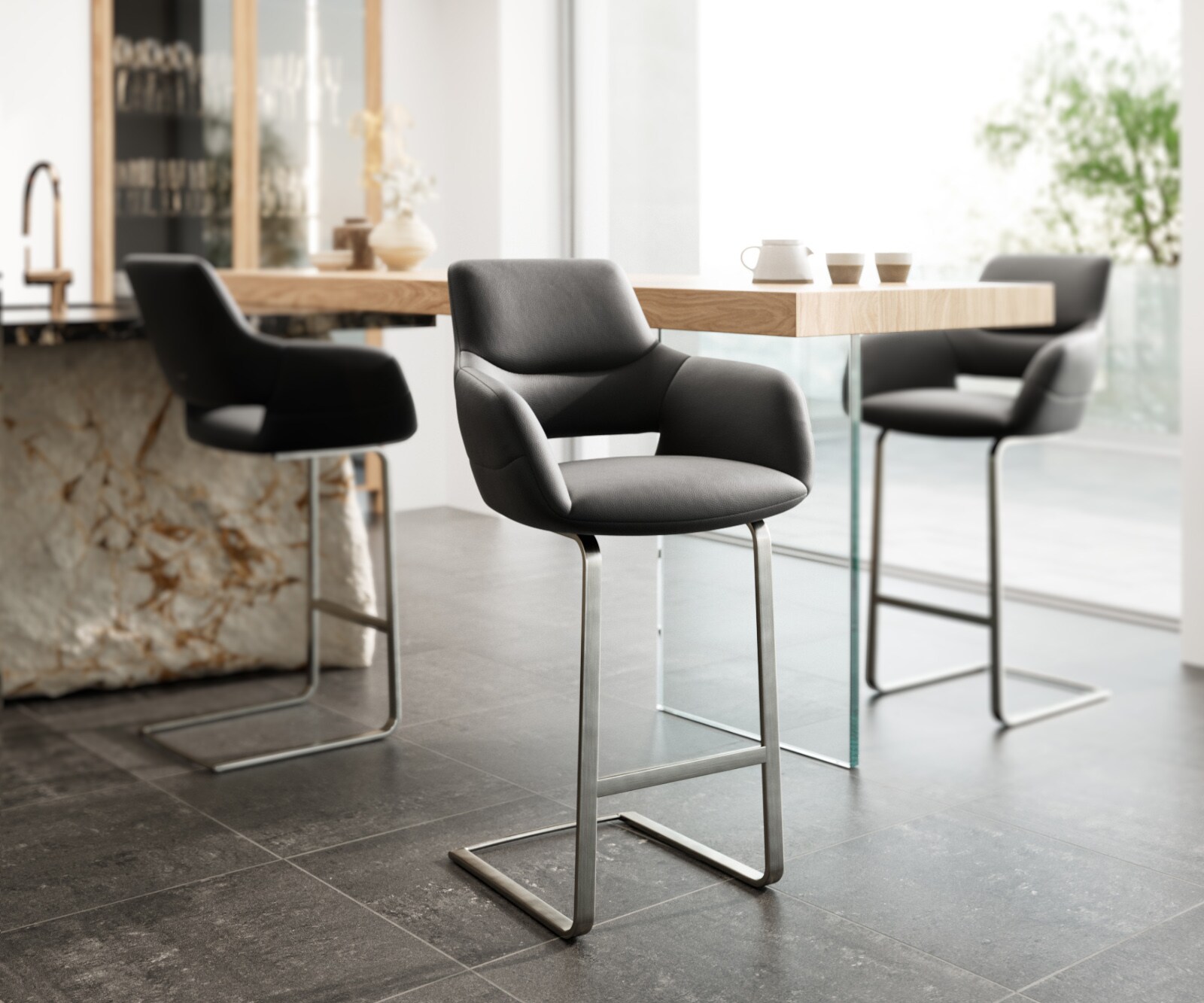 Barstuhl Yago-Flex Echt-Leder Schwarz Freischwinger flach Edelstahl Taschenfederkern