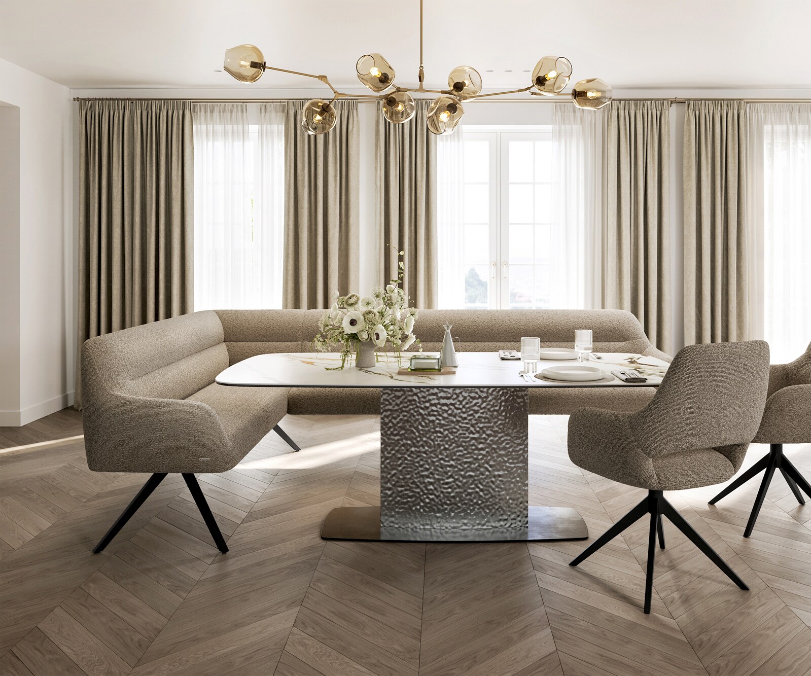 Esszimmerbank Taya-Flex 285x190 cm Bouclé Schlamm Kreuzgestell kantig Schwarz Taschenfederkern Rechts 1