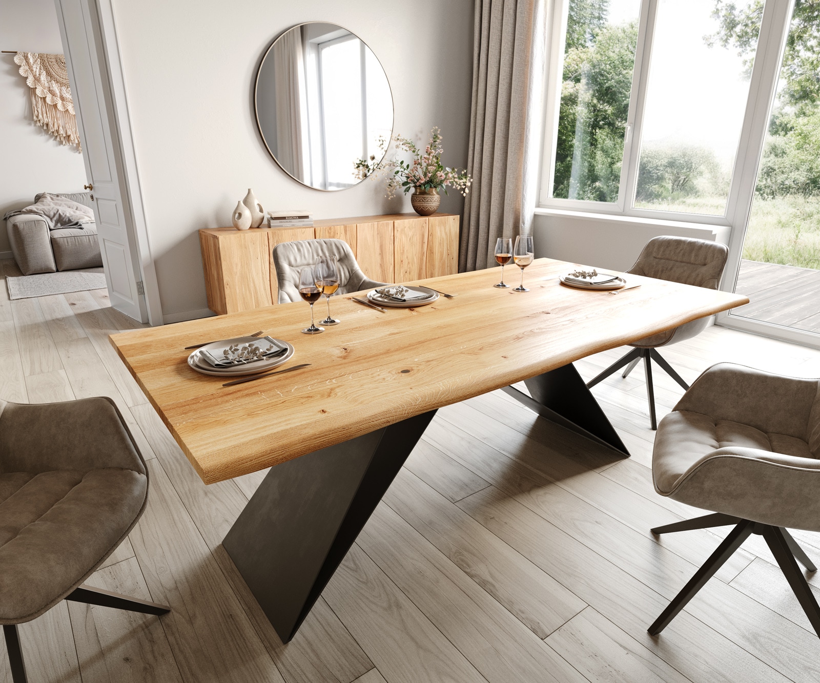 Esstisch Edge 200x100x2,5-3 Eiche Natur V-Gestell Flachstahl Schwarz Live-Edge Esstisch Edge 200x100x2,5-3 Eiche Natur V-Gestell Flachstahl Schwarz Live-Edge