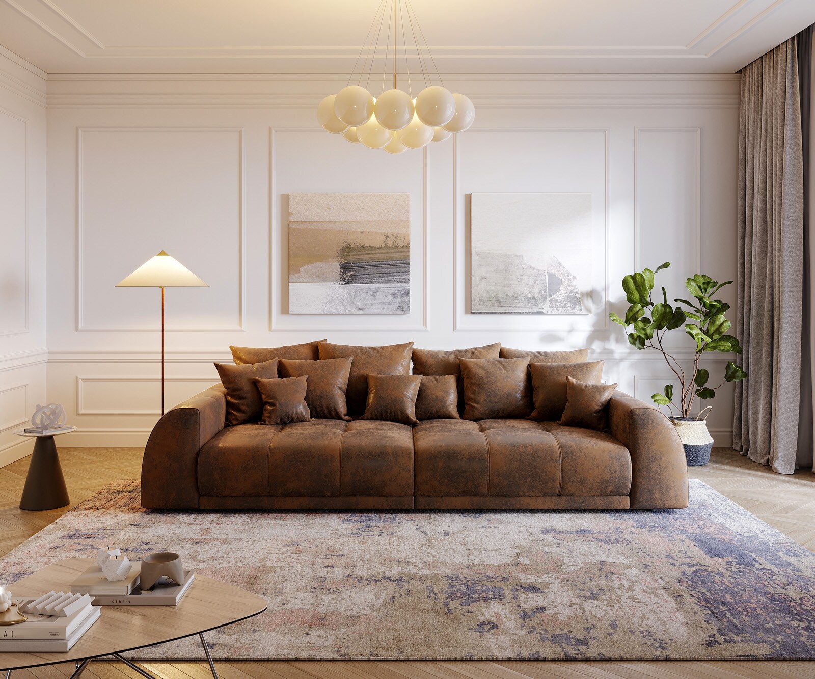 Big-Sofa Violetta 310x135 cm Braun Antik Optik mit Kissen 1