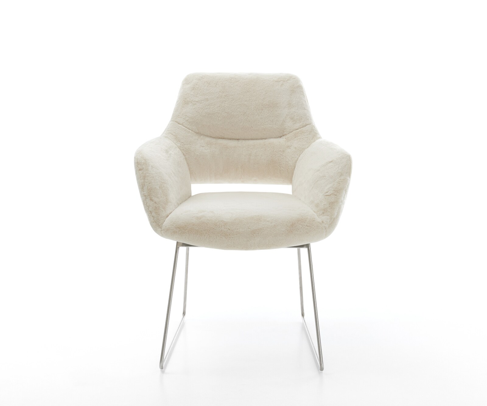 Chaise-de-salle-à-manger Yago-Flex avec accoudoirs peluche crème-blanc pied trapèze acier inoxydable resorts ensachés 1