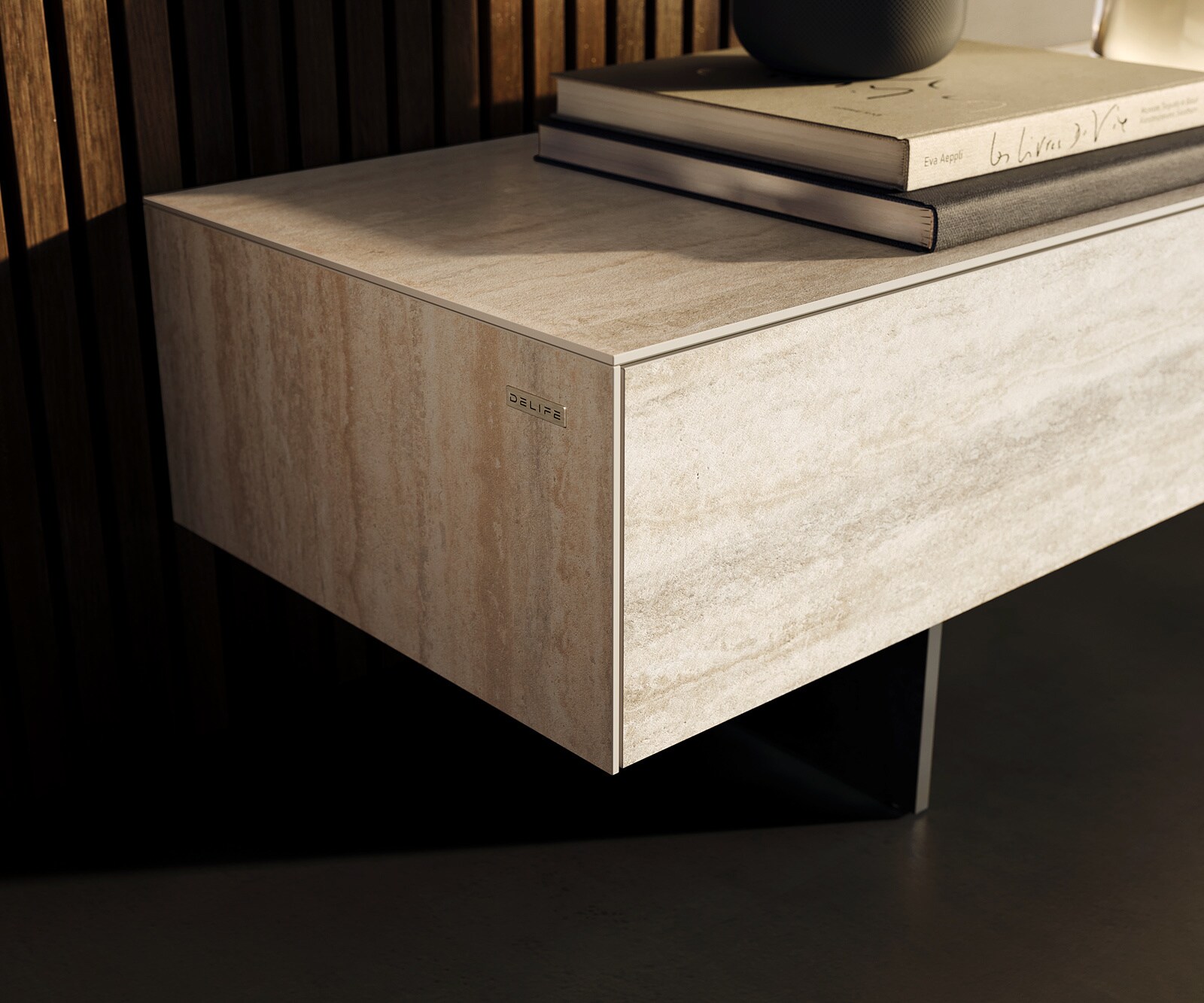 Meuble-TV Cuor 250 cm Céramique Laminam® Travertino Bianco Crème-blanc 1 Clapet 1 Tiroir Pied optique flottant Métal Noir 6
