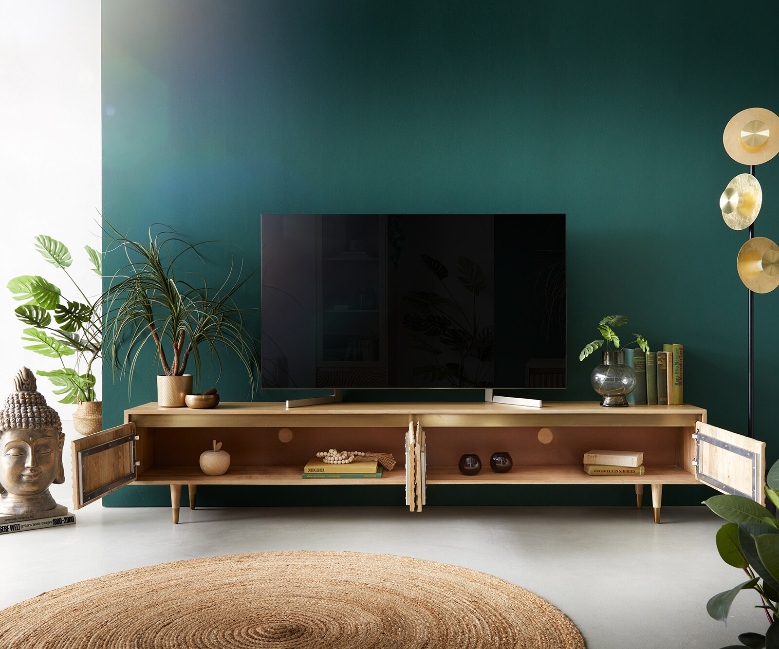 Meuble-TV Budaya 220 cm manguier naturel 4 portes pied conique 4