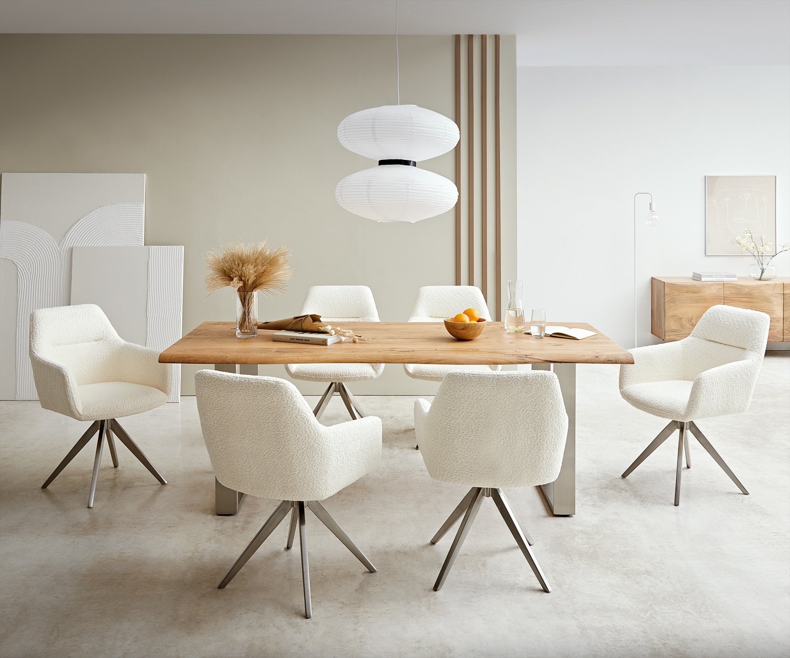 Chaise-de-salle-à-manger Pejo-Flex bouclé blanc pied croisé angulaire acier inoxydable brossé ressorts ensachés 4 Chaise-de-salle-à-manger Pejo-Flex bouclé blanc pied croisé angulaire acier inoxydable brossé ressorts ensachés 4