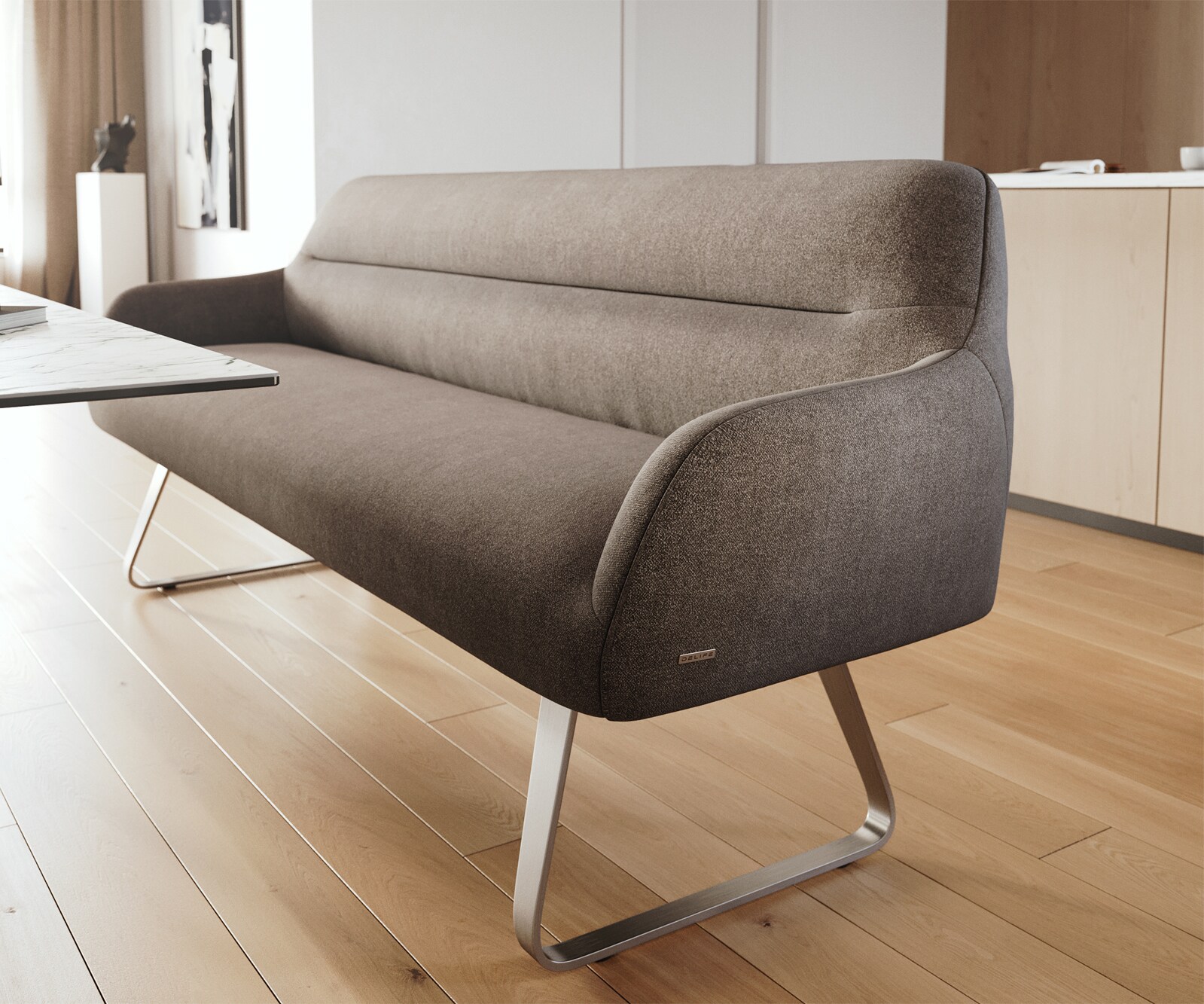 Esszimmerbank Taya-Flex 200 cm Strukturstoff Soft Taupe Kufengestell flach Edelstahl Taschenfederkern 4