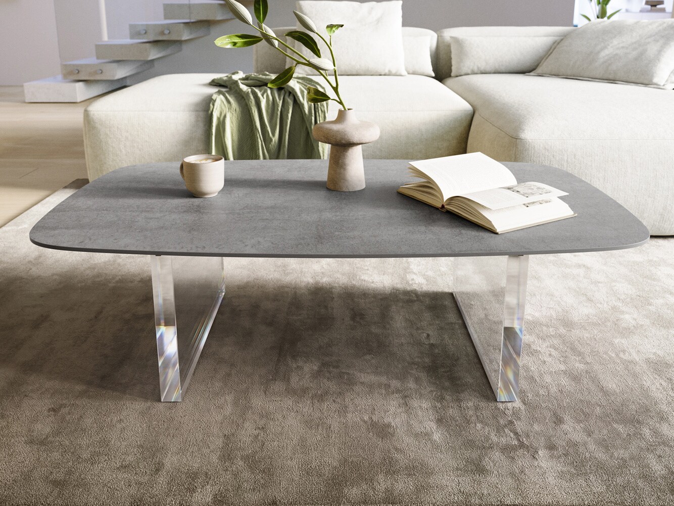 Table basse Edge forme bateau 120x70 cm céramique béton gris Lumia acrylique 1