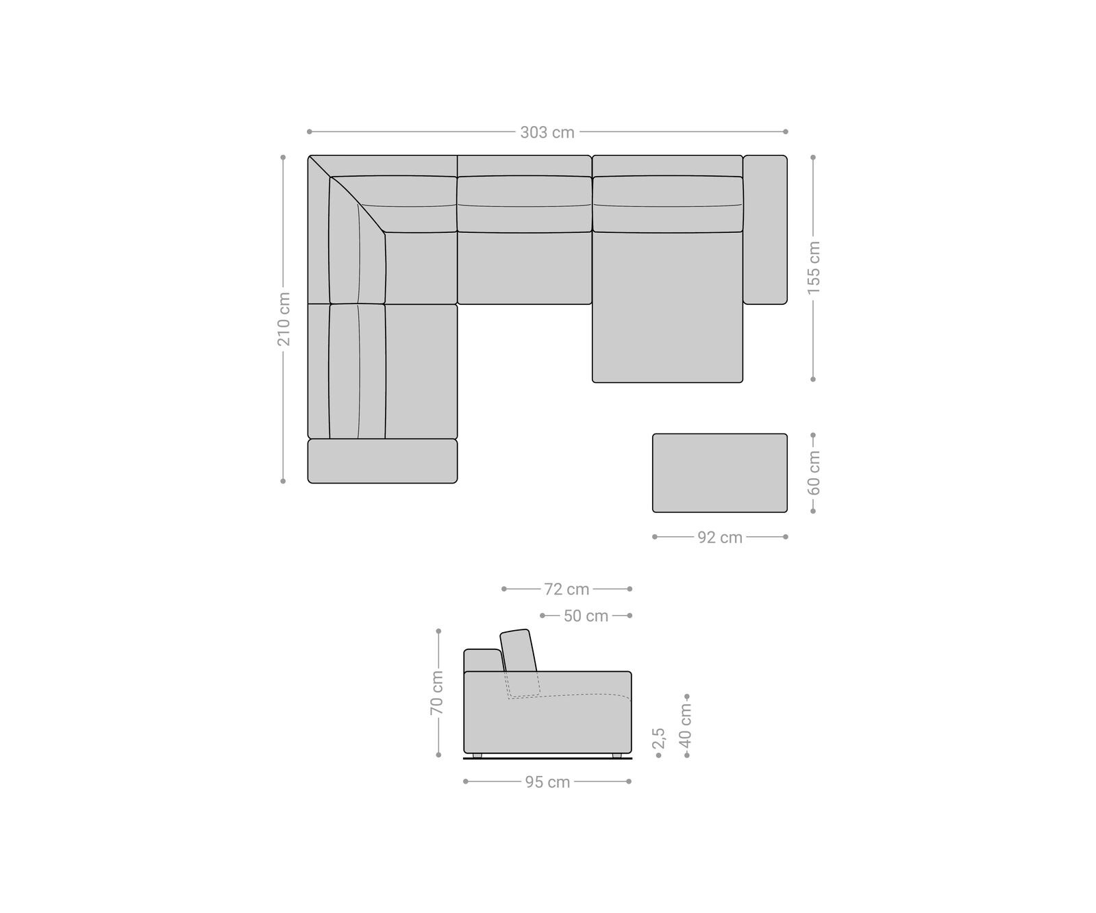 Wohnlandschaft Lanzo 300x210 cm Lederimitat Vintage Anthrazit Recamiere variabel mit Hocker 6