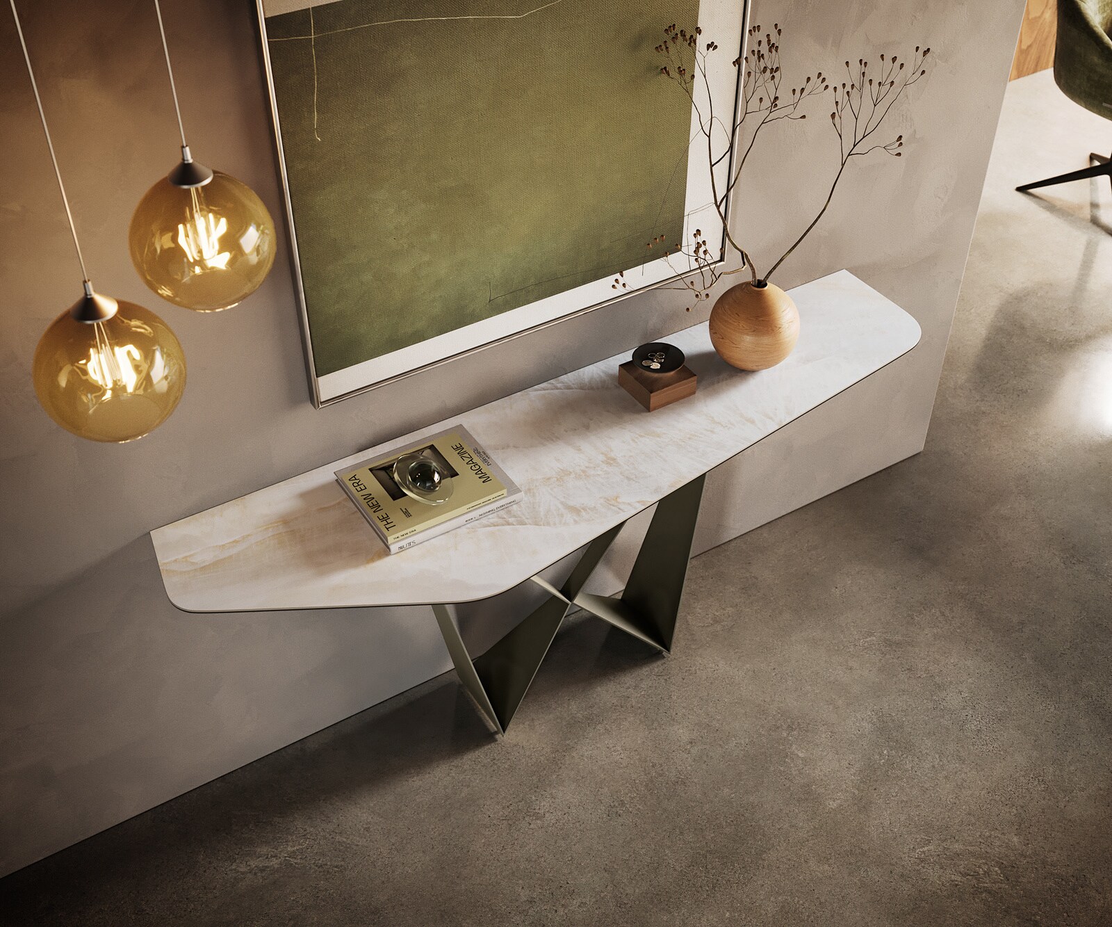 Konsolentisch Edge Polygonal 180x50 cm Keramik Onyx Pearl Spios Metall Effektfinish Titan 1