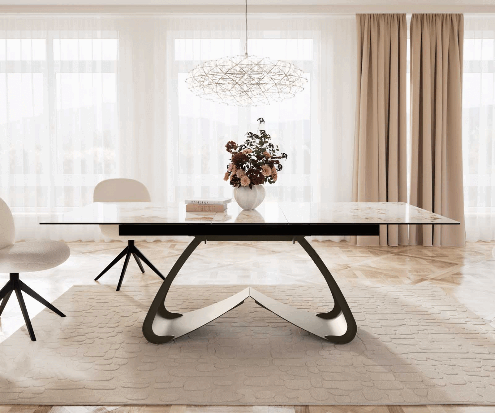 Esstisch Edge 180-220x100 Keramik Minas Melange Weiß-Beige W-Gestell Effektfinish Titan Ausziehbar 1