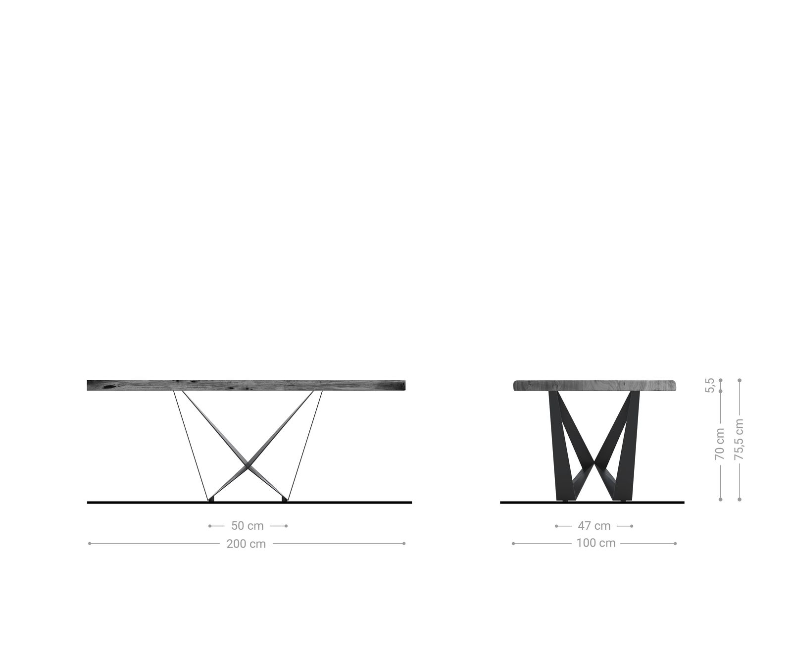 Table à manger Edge 200x100 XL acacia naturel Spider acier plat acier inoxydable Live-Edge 5