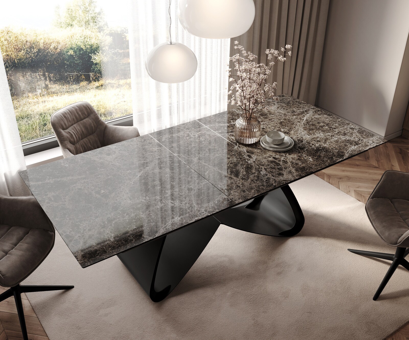 Table à manger Edge 180-220x100 céramique Laminam® Emperador Extra Lucidato marron foncé cadre en W noir extensible 4