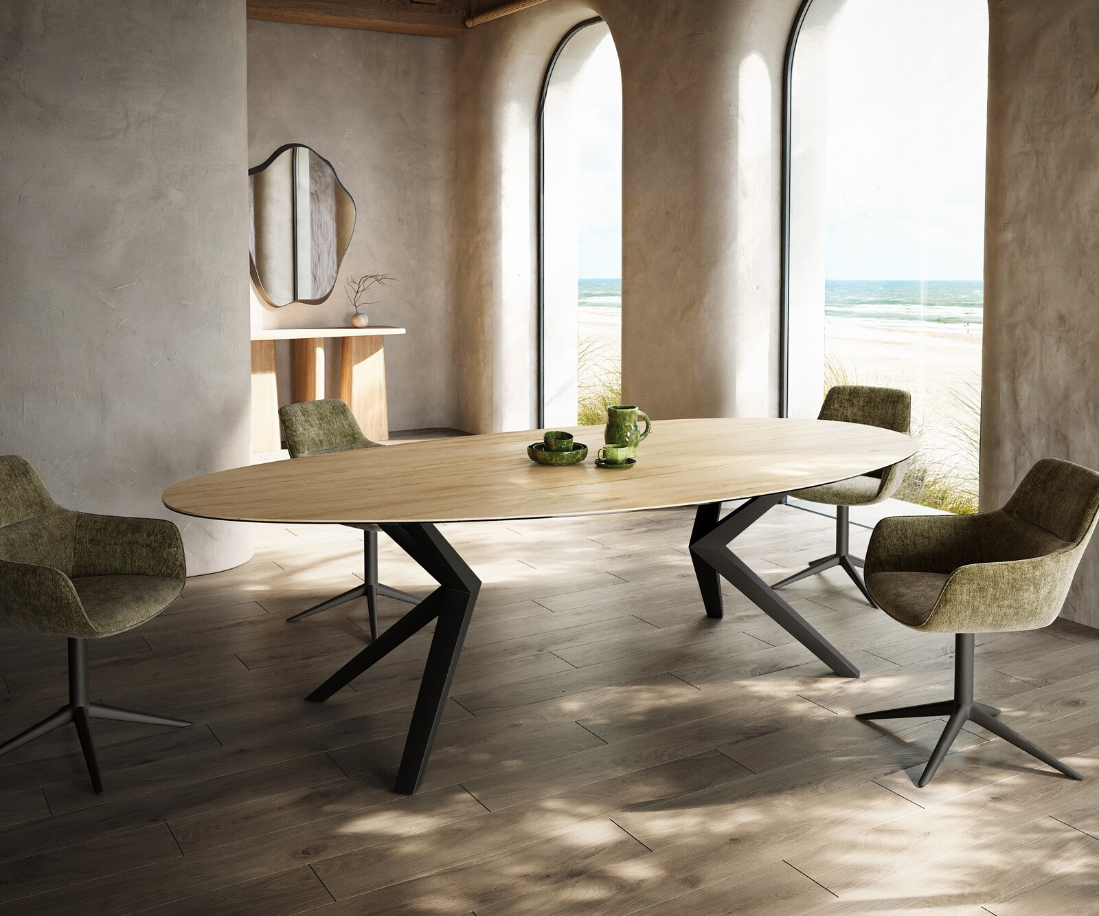 Table à manger Edge Ovale 280x130 Céramique Laminam® Sabbia Couleur chêne Zenthara anguleux Métal Noir