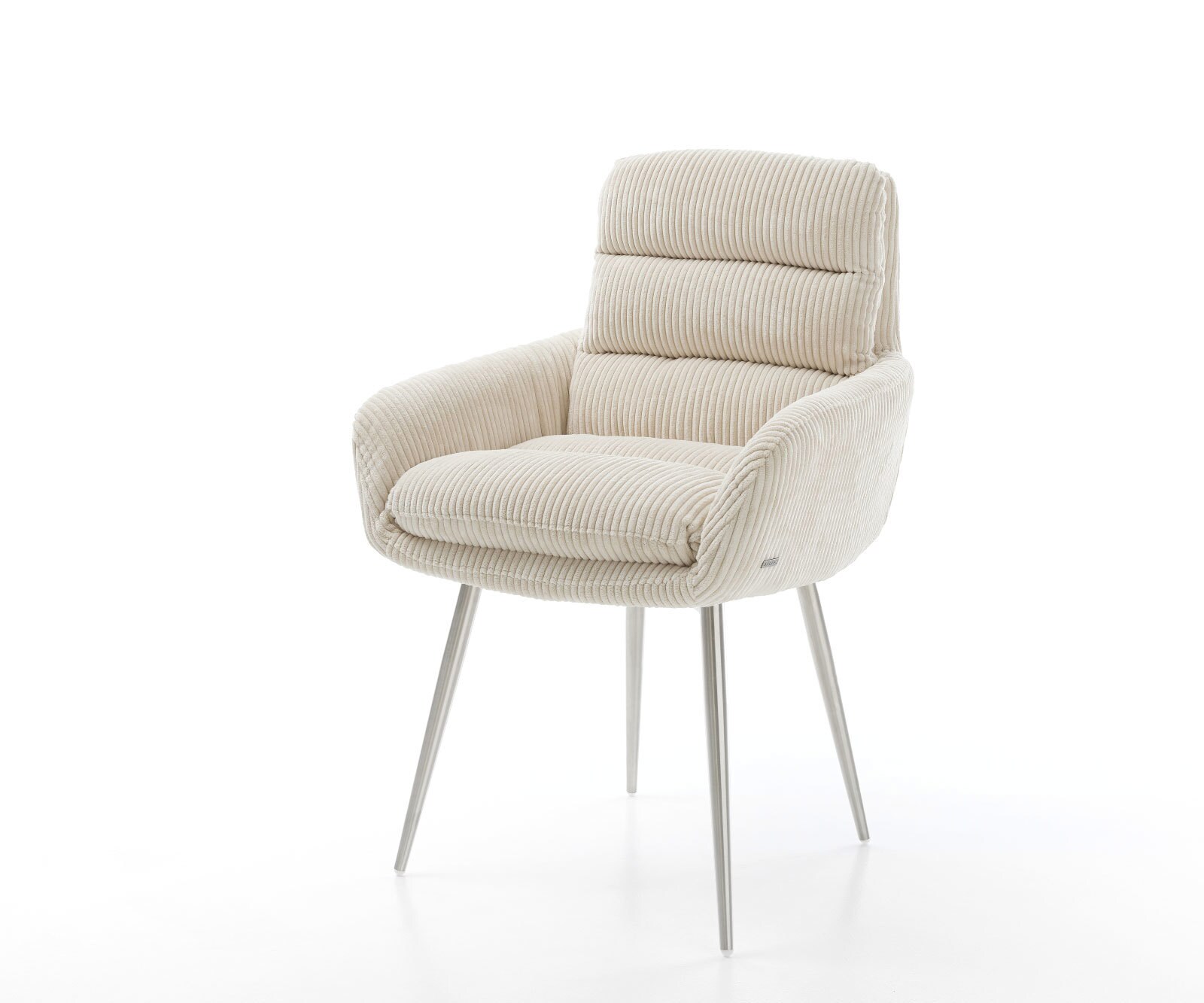 Chaise-de-salle-à-manger Abelia-Flex avec accoudoirs côtelé beige vintage 4 pieds coniques acier inoxydable brossé