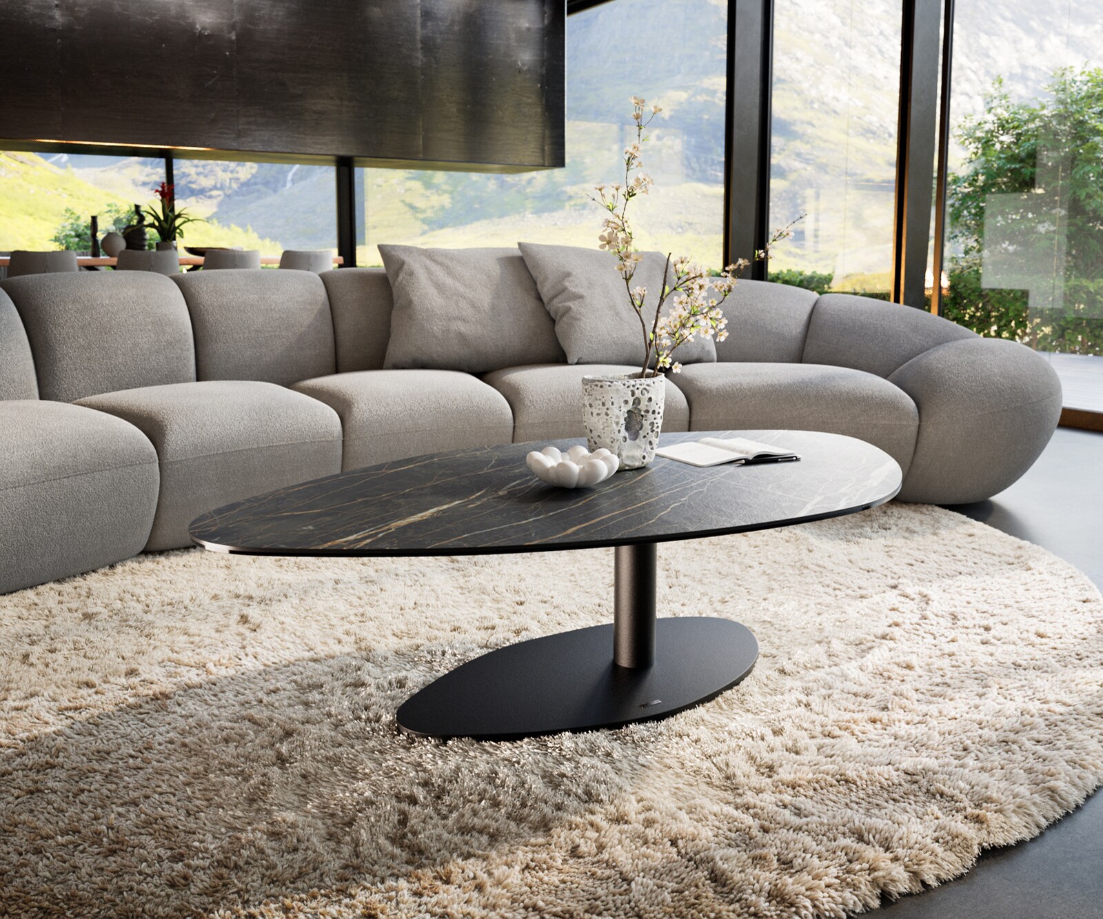 Table basse Edge Organique 140x76 cm céramique Laminam® Noir Desir brun Parabi métal noir 3