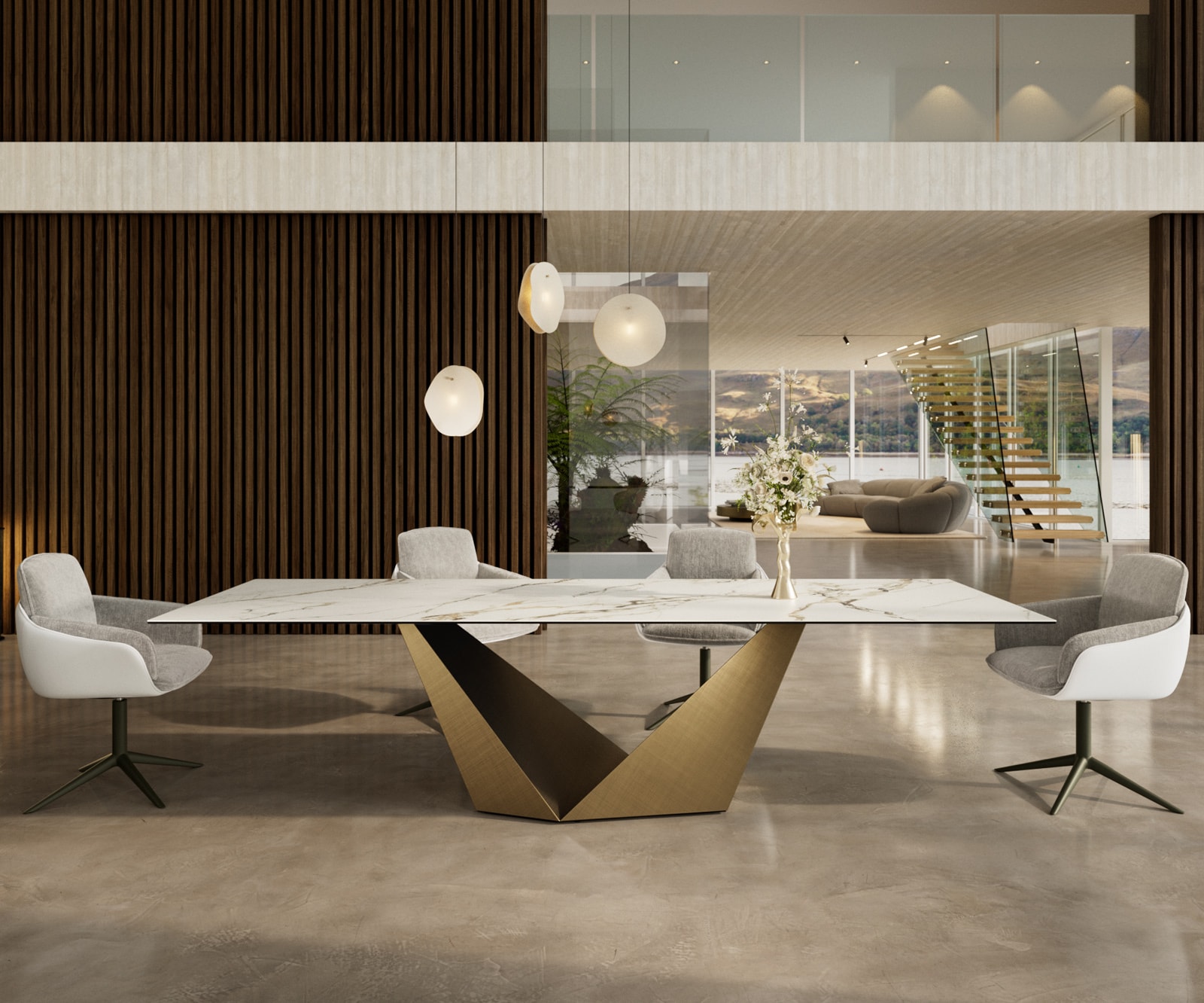 Esstisch Edge 300x100 Keramik Calacatta Luxe Weiß-Gold-Grau Prisma Metallic Gold Esstisch Edge 300x100 Keramik Calacatta Luxe Weiß-Gold-Grau Prisma Metallic Gold