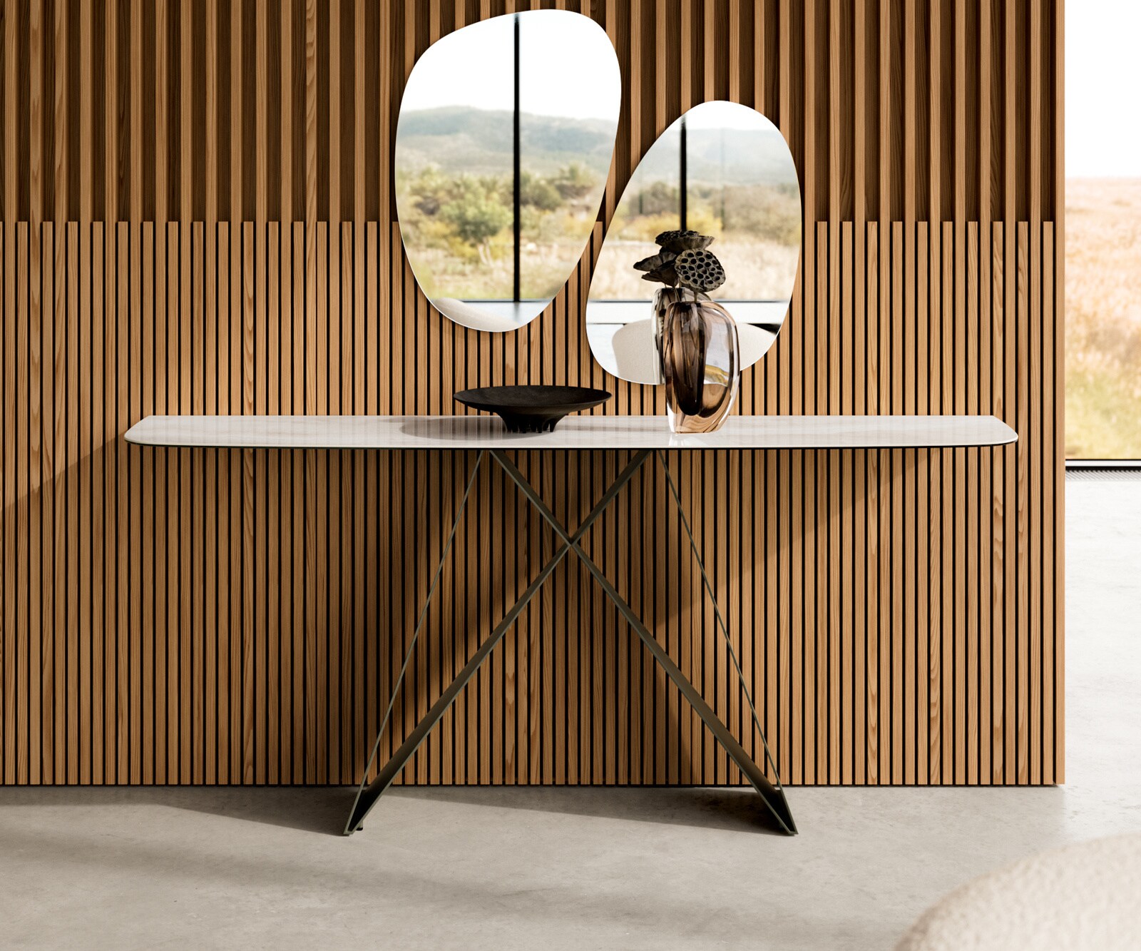 Console Edge forme bateau 180x40 cm Céramique Onyx Champagne Velio Métal Effektfinish Titan 1