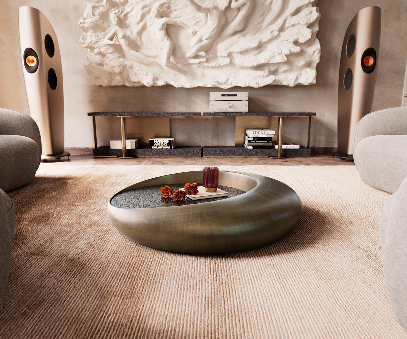 Table basse Blaise 100x100 cm or avec verre en relief taupe 1 Table basse Blaise 100x100 cm or avec verre en relief taupe 1