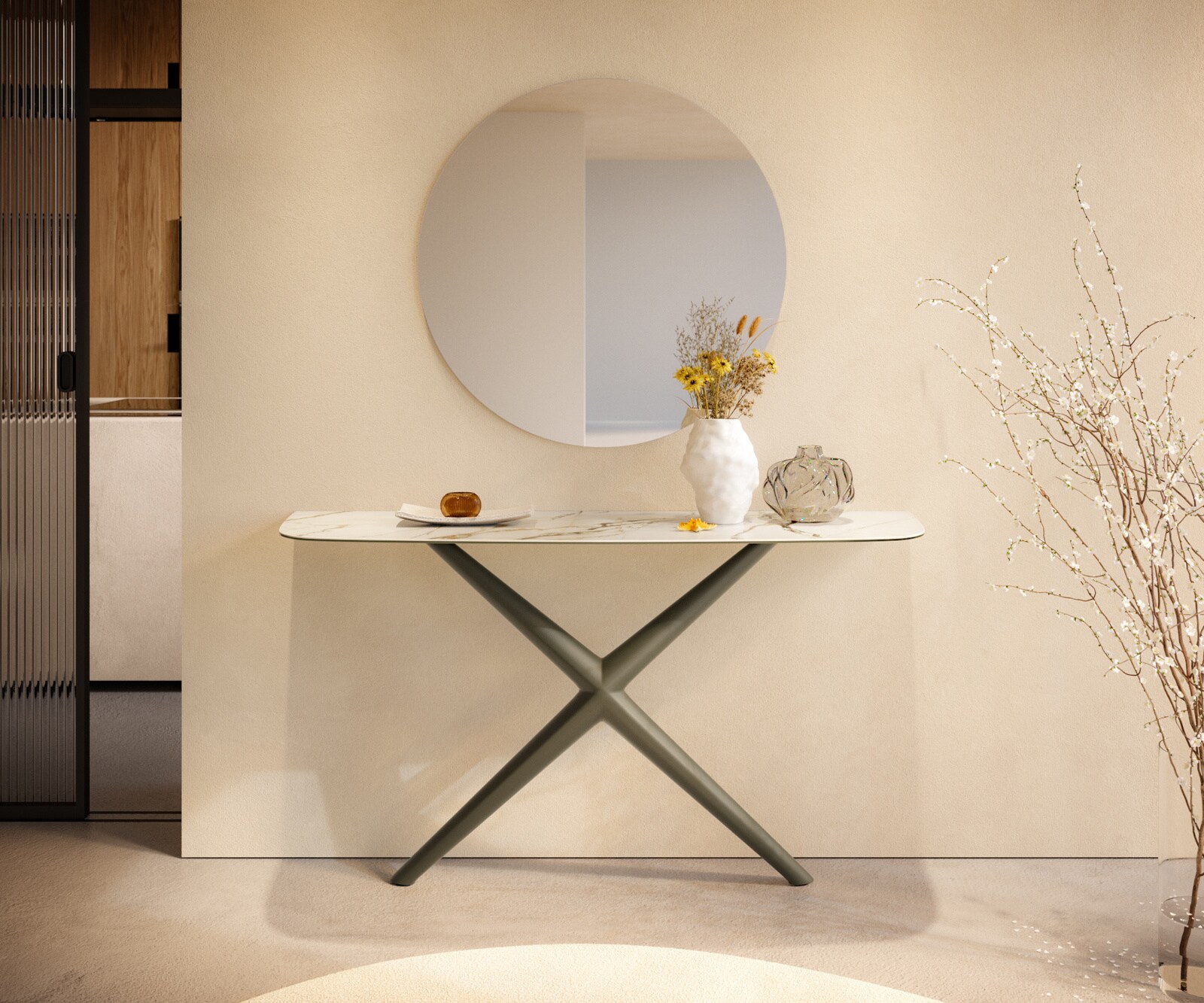 Console Edge forme bateau 140x40 cm Céramique Calacatta Luxe Weiß-Gold-Gris Estelo Métal Effektfinish Titan