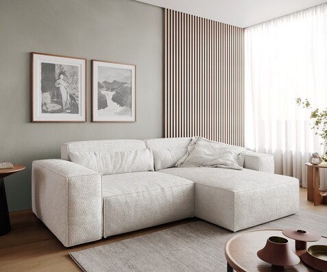 Ecksofa Sirpio 230x155 cm Bouclé Creme-Weiß Recamiere variabel