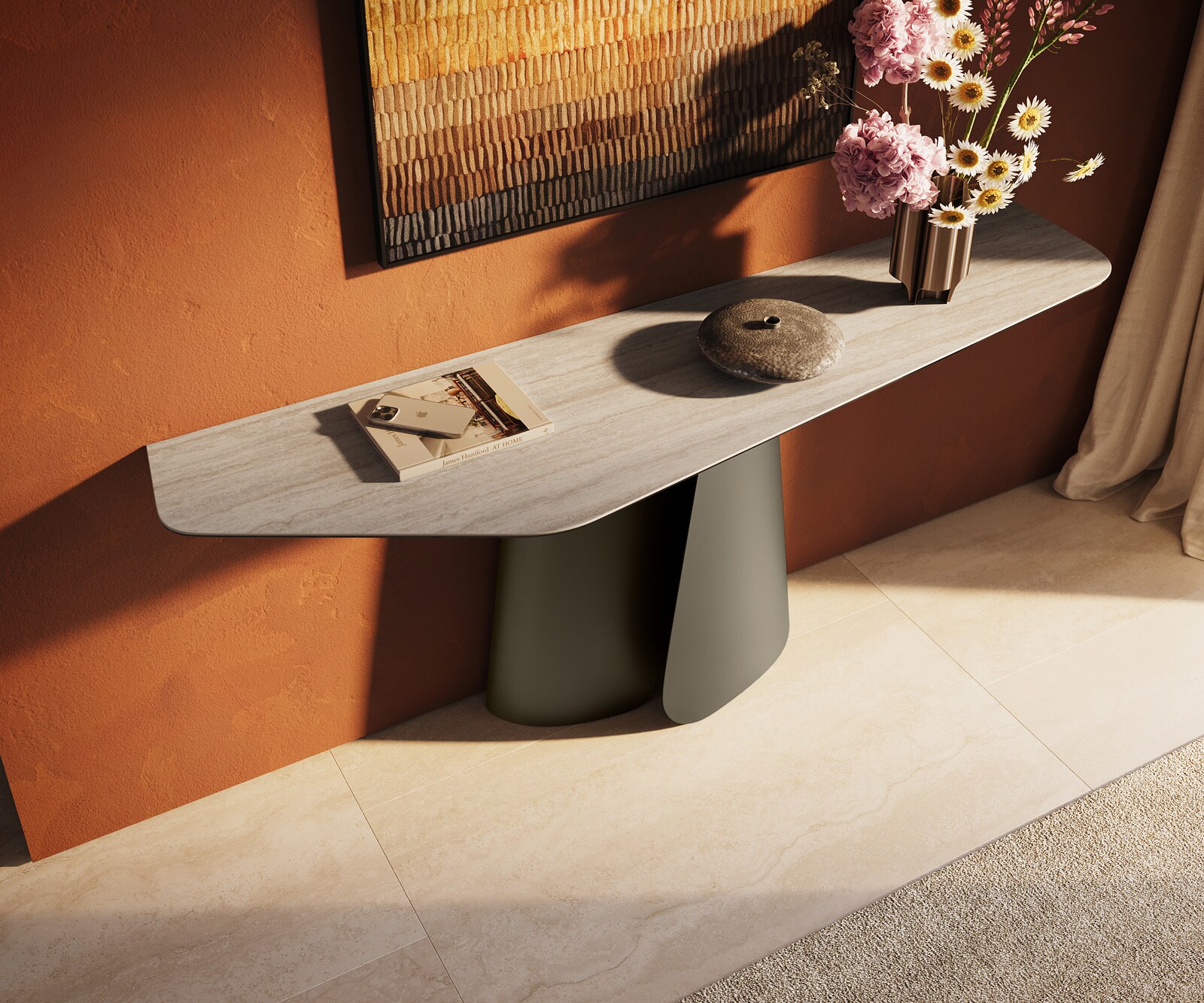 Console Edge Polygonal 180x50 cm Céramique Laminam® Travertino Bianco Creme-Weiß Livos Métal Effektfinish Titan 3