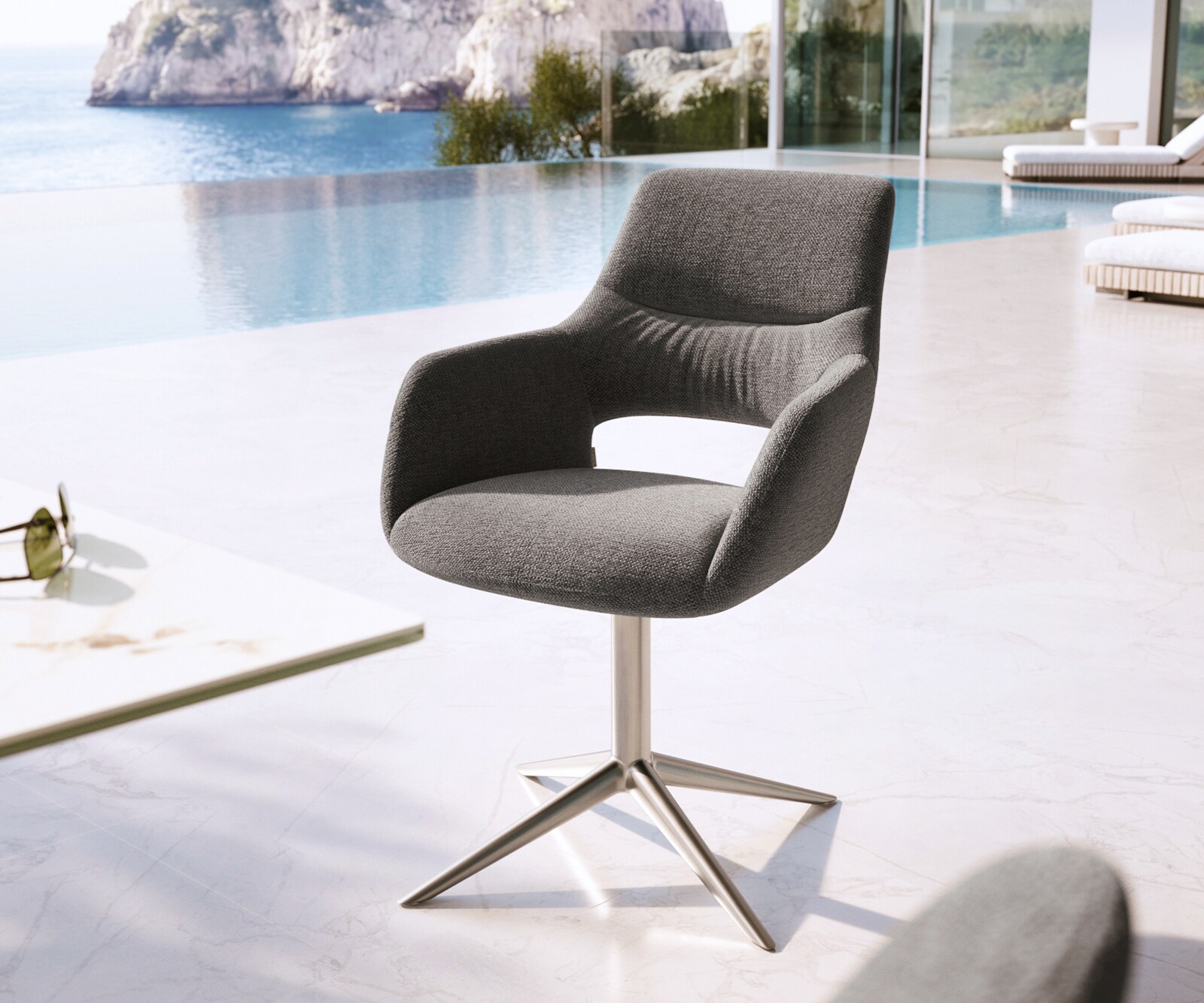 Chaise-d'extérieur Yago-Flex avec accoudoirs tissu texturé graphite pied de chaise 4 branches acier inoxydable pivotement sur 360° fonction bascule