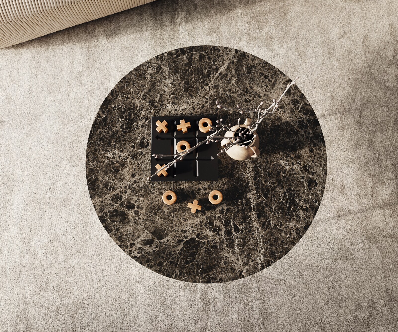 Couchtisch Edge Rund 90x90 cm Keramik Laminam® Emperador Extra Lucidato Dunkelbraun Trive Metall Schwarz 1
